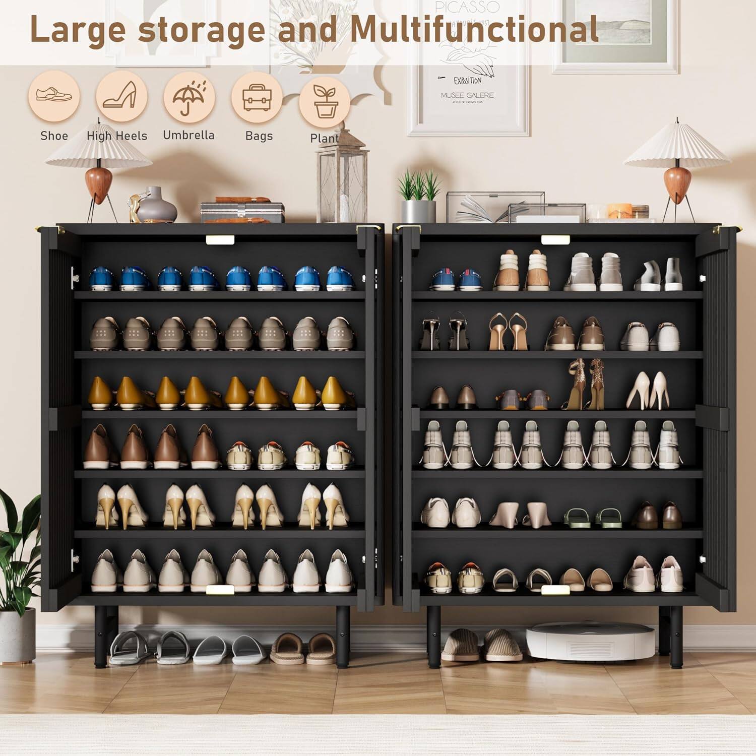 Back. GARVEE - Shoe Cabinet, 6-Tier Shoe Storage Organizer with Doors,Modern Farmhouse Entryway Hallway Furniture,Black - Black.