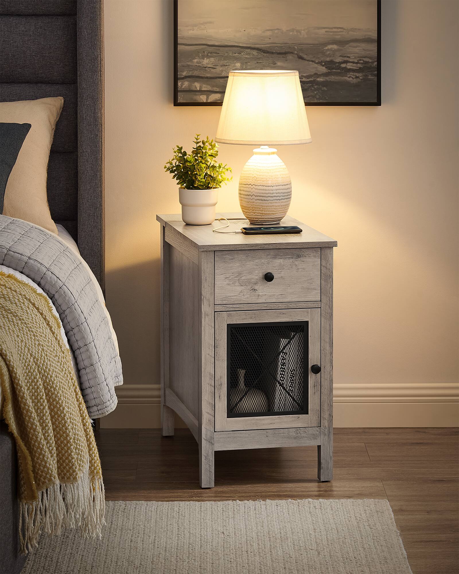 Left. Songmics Home - Side Table with Storage, End Table with USB Ports and Outlets, Nightstand with Charging Station, Drawer, Storage Cabinet - Greige.