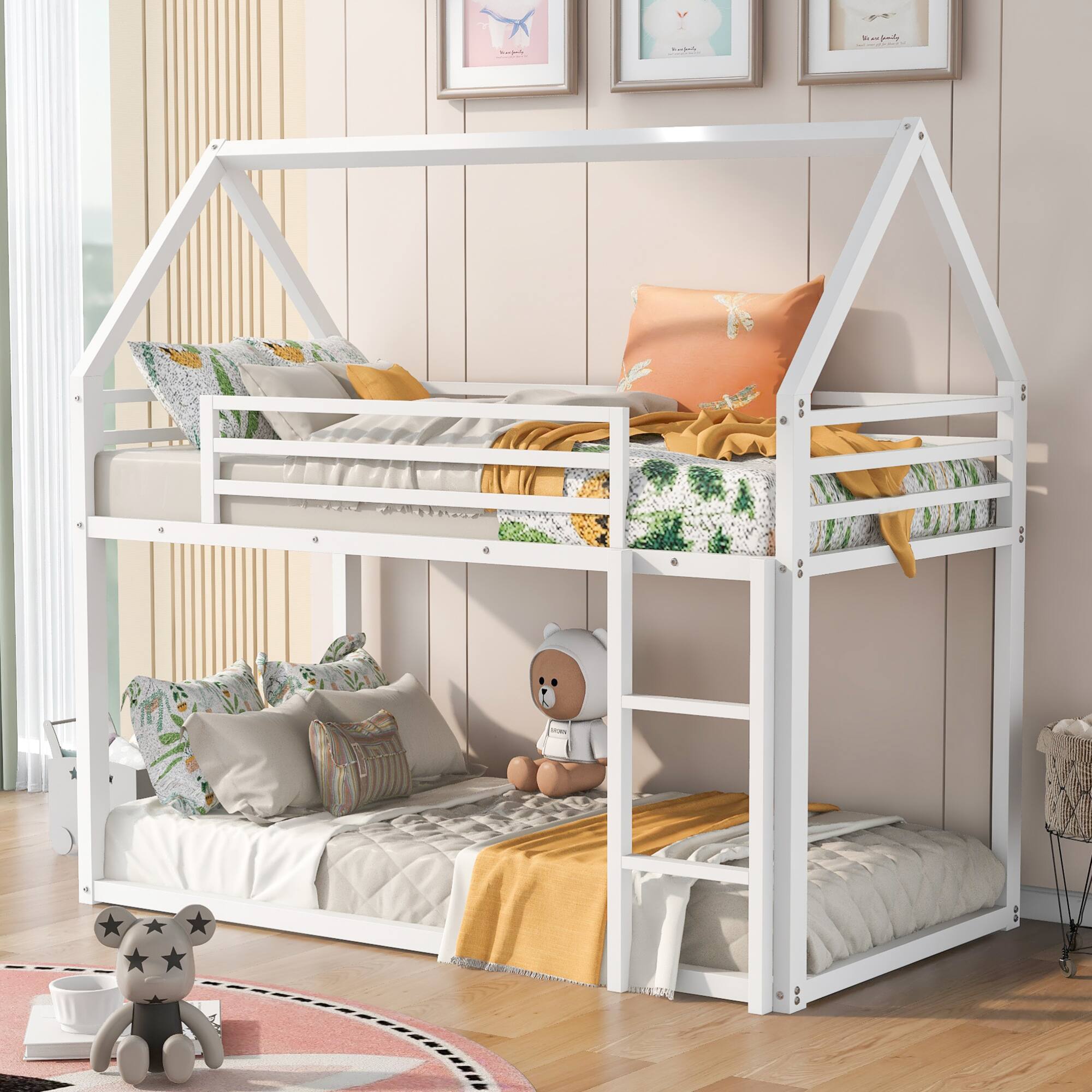 Front. GOODSILO - Space-Saving Twin Over Twin Metal Bunk Bed with Built-In Ladder and Playhouse Design - White.