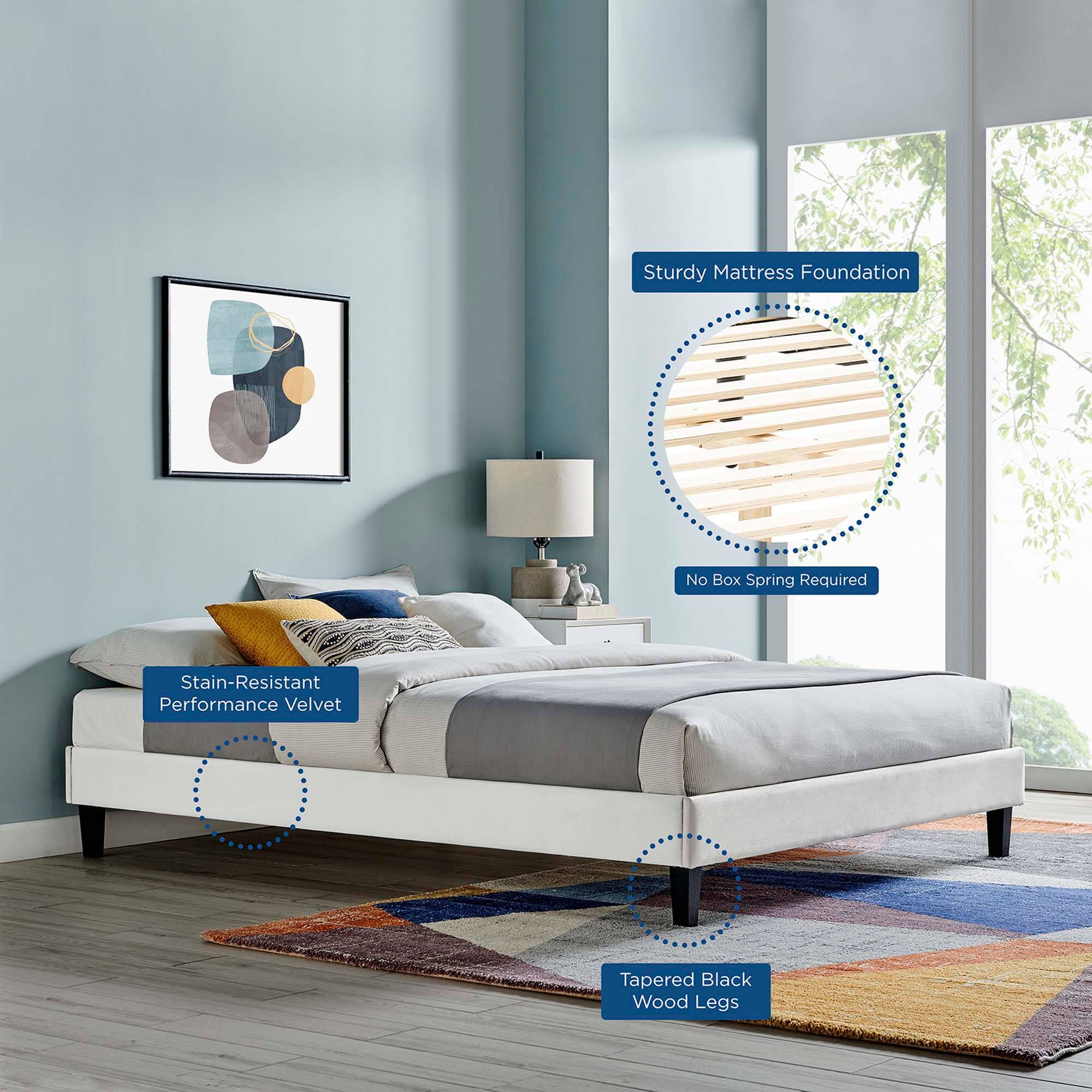 - Sturdy Mattress Foundation
- No Box Spring Required
- Stain-Resistant Performance Velvet
- Tapered Black Wood Legs