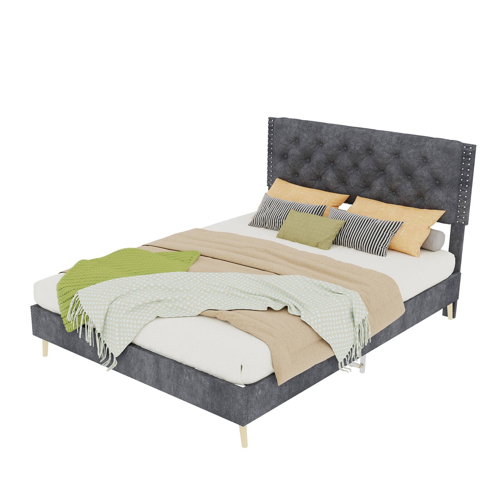 Alt View 9. Loheer - Loheer Full Size Gray Suede Bed Upholstered Platform Bed Frame with Soft Headboard Sturdy Structure - Grey.