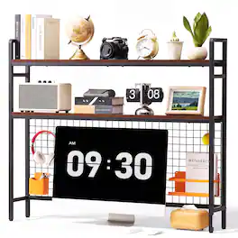 VEVOR - Desktop Bookshelf 3-Tier Countertop Storage Hutch with Grid Black, for Computer Desk, Metal Frame and Wooden Shelf - Black;Brown