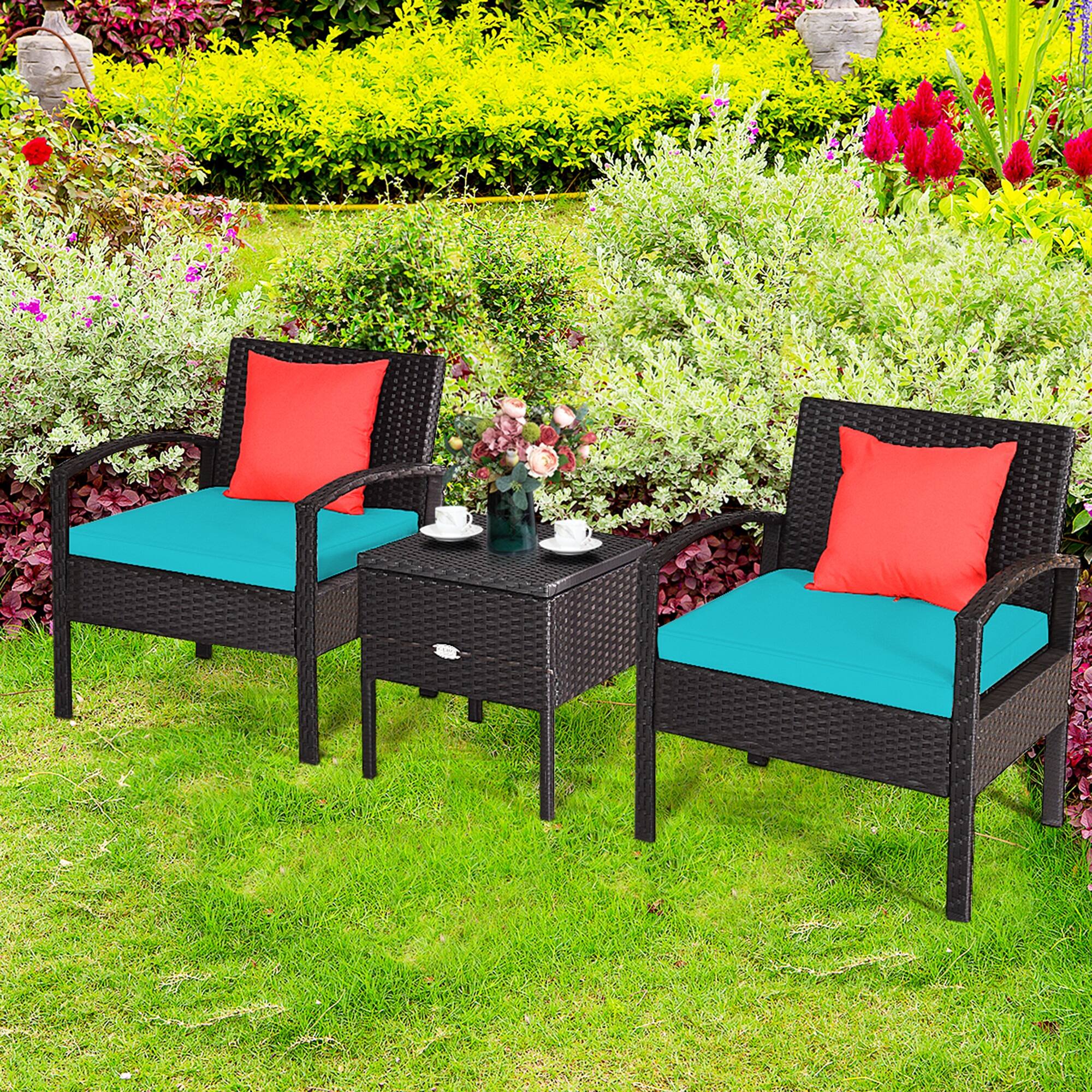 Alt View 5. Gymax - Gymax 3PCS Rattan Patio Conversation Furniture Set w/ Storage Table Turquoise Cushion - Turquoise.