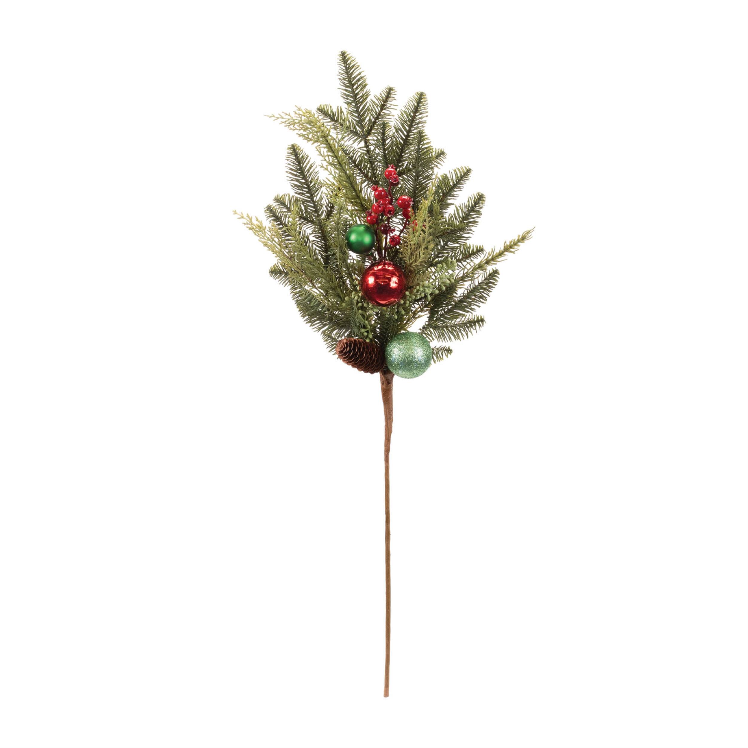Angle. BreeBe - Pine and Ball Ornament Spray (Set of 2) - Green, Red.