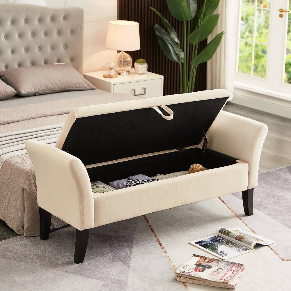 Left. Ropilly - Ropilly Beige Velvet Tufted Storage Bench with Curved Arms for Bedroom Entryway - Beige.