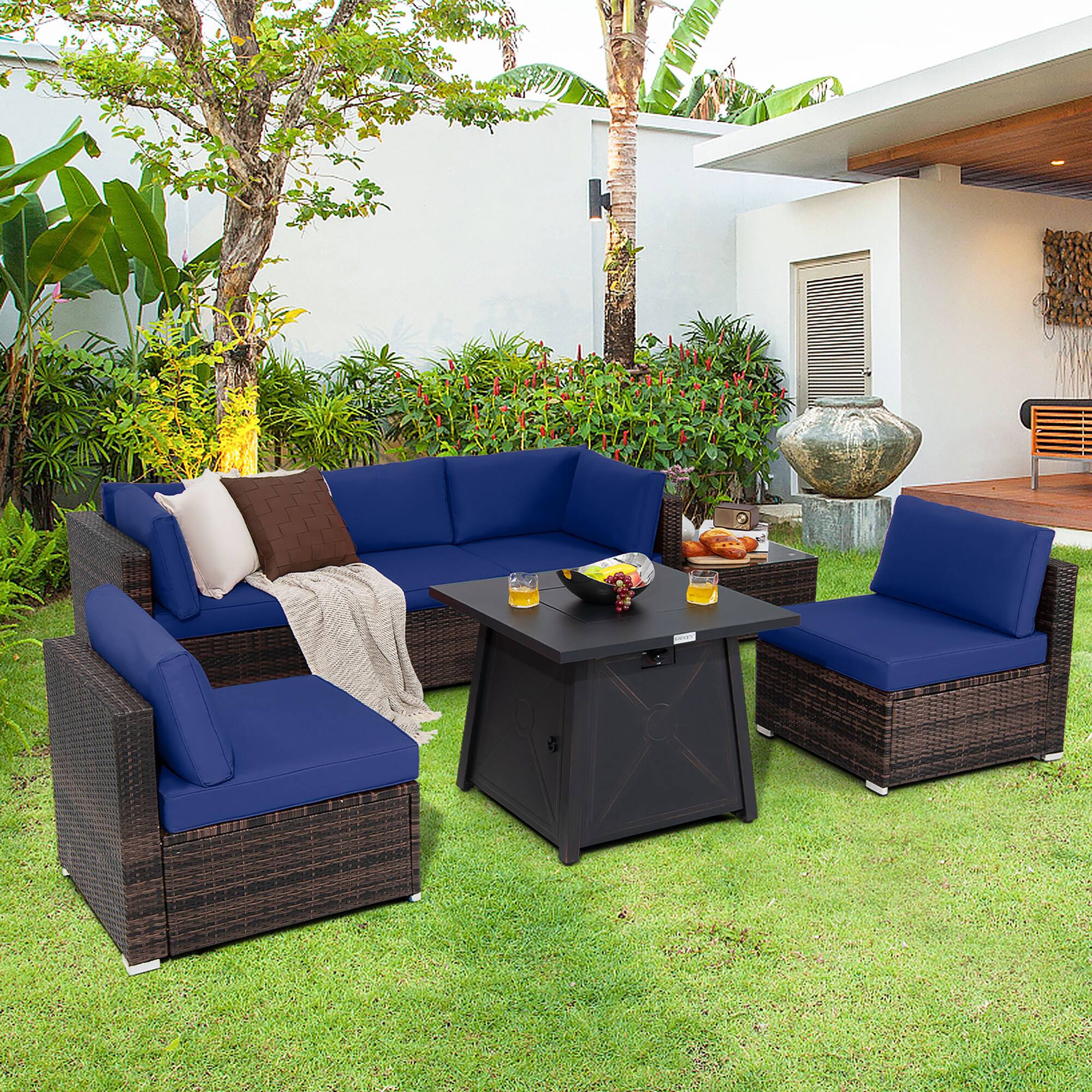 Alt View 1. Costway - Costway 7PCS Patio Rattan Furniture Set Fire Pit Table Cover Cushion - Navy.
