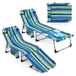 Costway - 2 PCS Outdoor Folding Chaise 5-Position Lounge Chair with Adjustable Footrest - Navy Blue