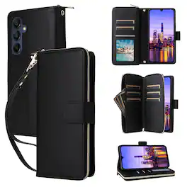 Dteck - Crossbody Wallet Case for Samsung Galaxy A16 5G, Shockproof Zipper Pocket PU Leather Folio Cover with 9 Card Slots - Black