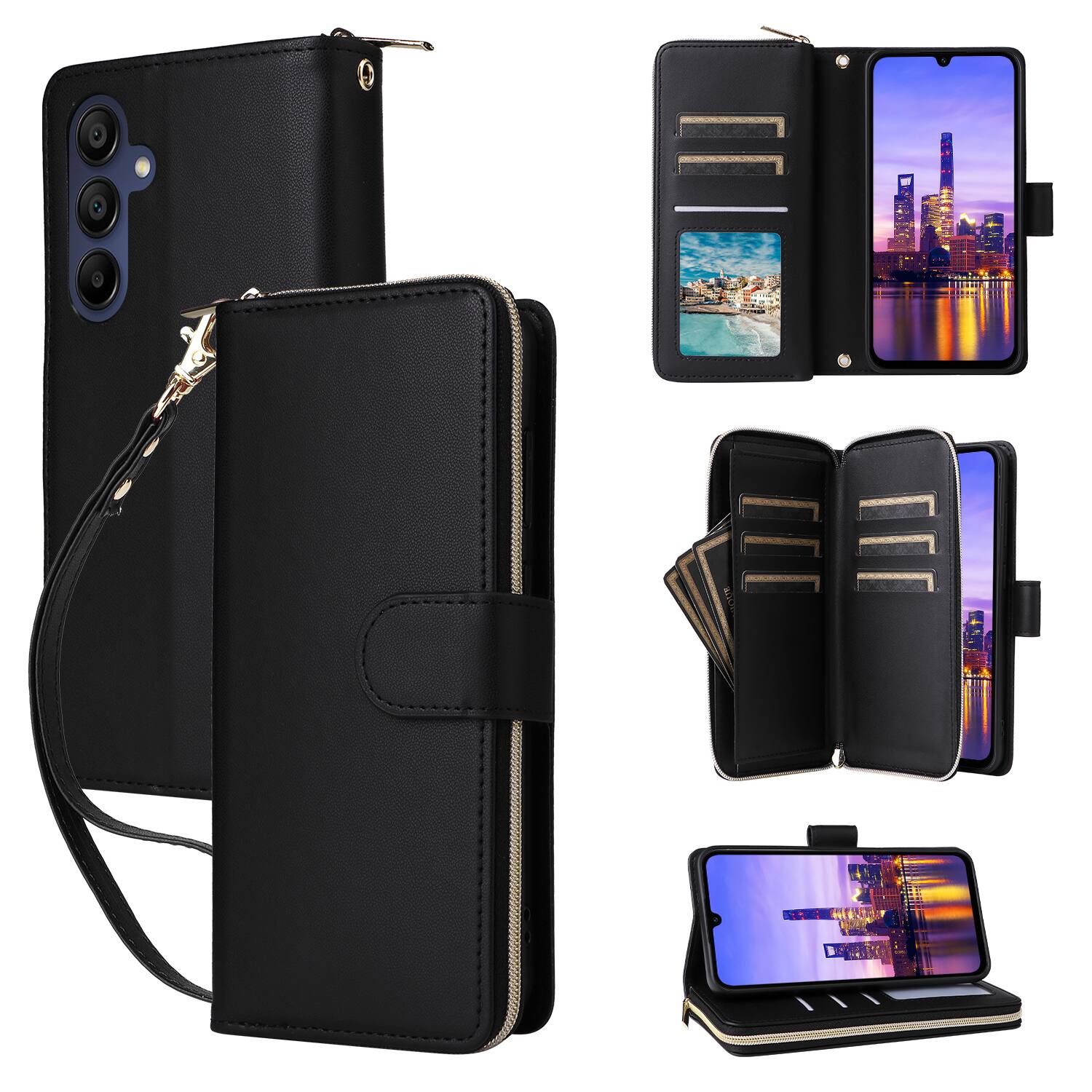 Front. Dteck - Crossbody Wallet Case for Samsung Galaxy A17 5G, Shockproof Zipper Pocket PU Leather Folio Cover with 9 Card Slots - Black.
