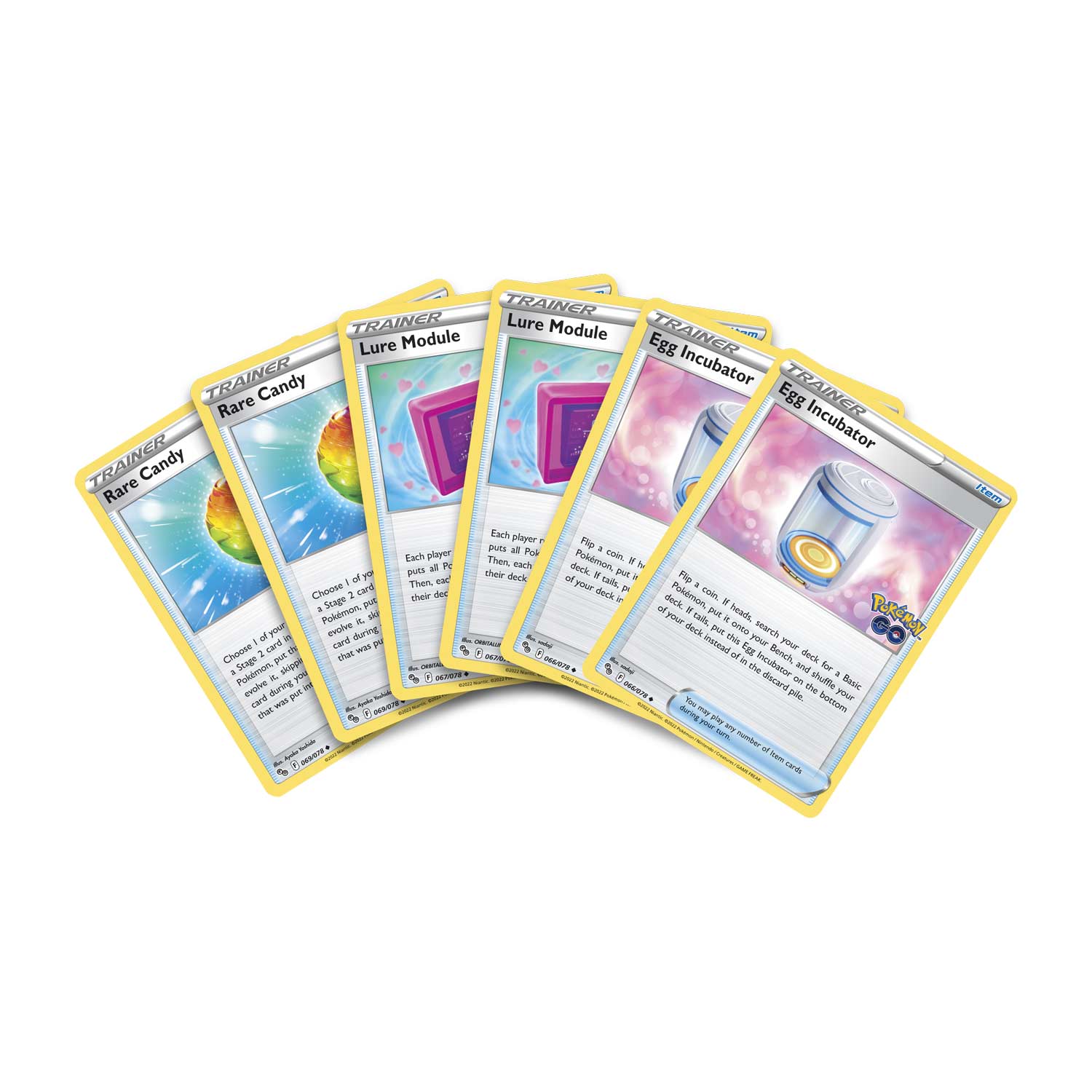 Sure, here is the corrected and grouped text from the image:

**Rare Candy**
- Choose 1 of your Pokémon in play. Put a basic Energy card of the same type as that Pokémon on top of your deck. Then, shuffle your deck.

**Lure Module**
- Each player puts all Pokémon cards from their discard pile into their deck. Then, each player shuffles their deck.

**Egg Incubator**
- Flip a coin. If it's heads, search your deck for a Basic Pokémon card and put it into play. If it's tails, put this card into the discard pile. Then, shuffle your deck.

**Egg Incubator**
- Flip a coin. If it's heads, search your deck for a Basic Pokémon card and put it into play. If it's tails, put this card into the discard pile. Then, shuffle your deck.