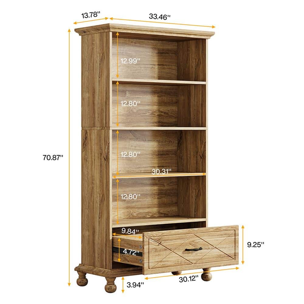 Kadyn - Bookshelf, Storage Shelf, Bookcase,6-Shelf Bookcase with Drawer, 71" Bookshelf with Solid Wood Legs - Oak