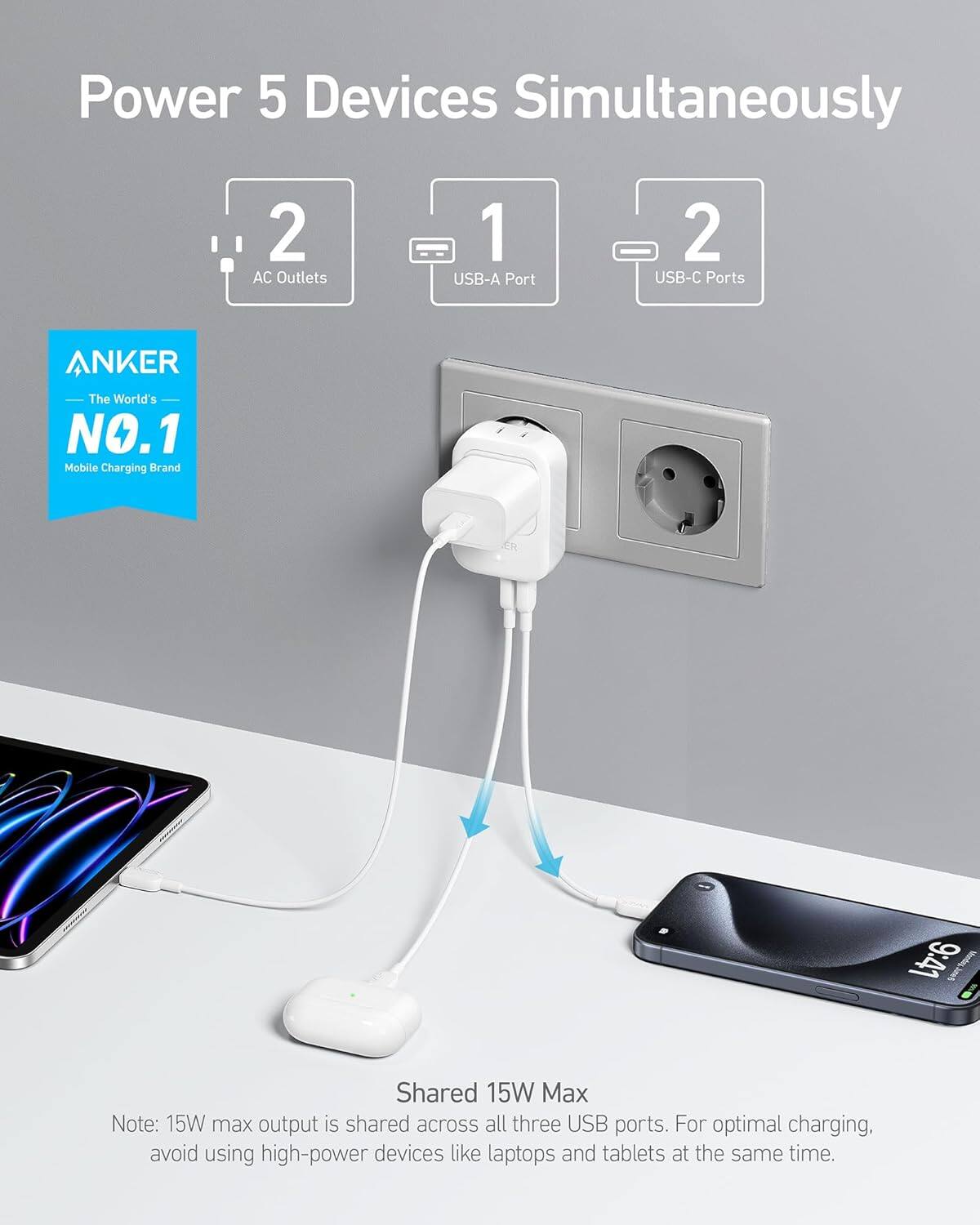 Power 5 Devices Simultaneously  
2 AC Outlets  
1 USB-A Port  
2 USB-C Ports  

ANKER  
The World's NO.1 Mobile Charging Brand  

9:41  
Shared 15W Max  

Note: 15W max output is shared across all three USB ports. For optimal charging, avoid using high-power devices like laptops and tablets at the same time.