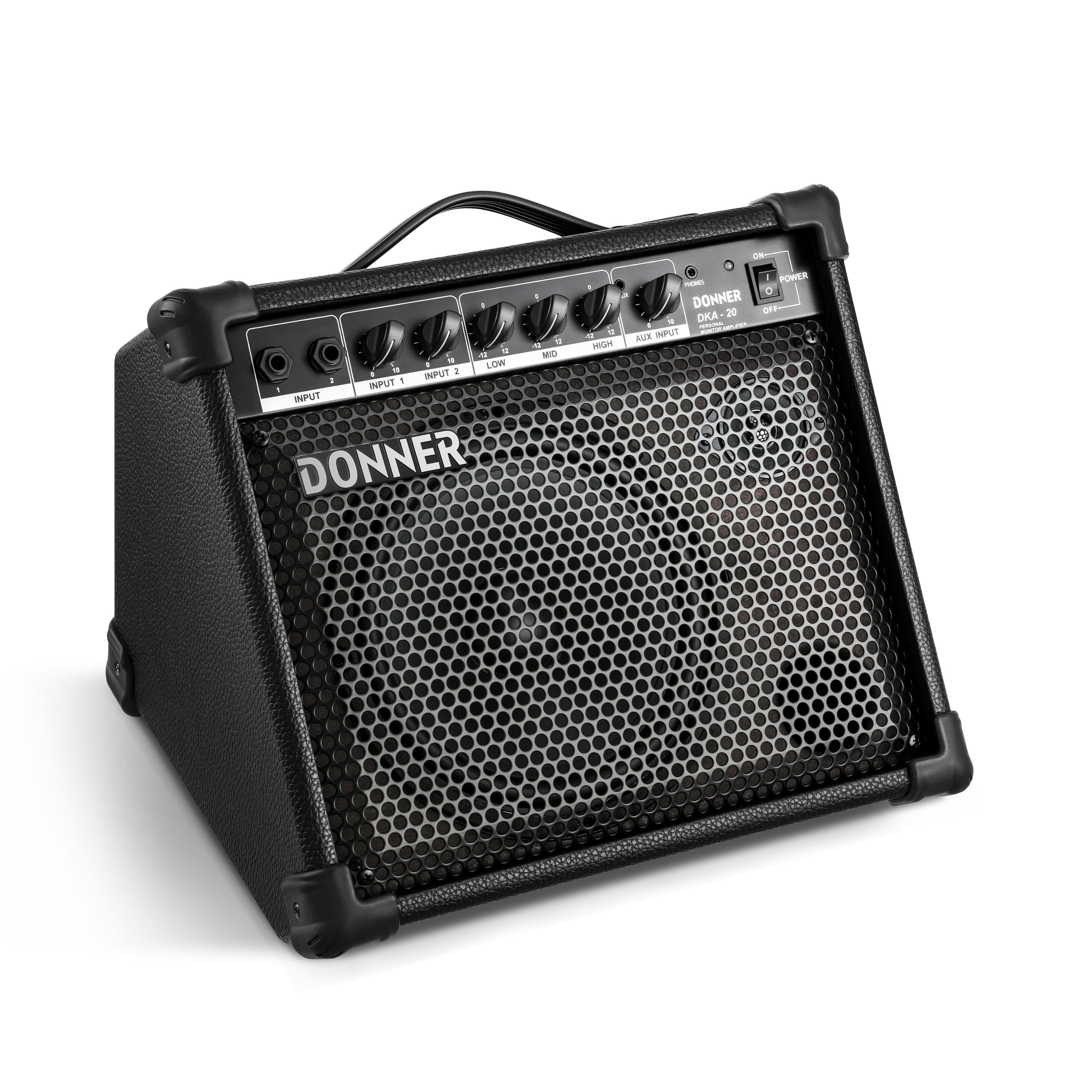 Sure, here is the corrected and grouped text from the image:

- DONNER
- DK-20
- INPUT 1
- INPUT 2
- LOW
- MID
- HIGH
- AUX INPUT
- POWER
- ON
- OFF