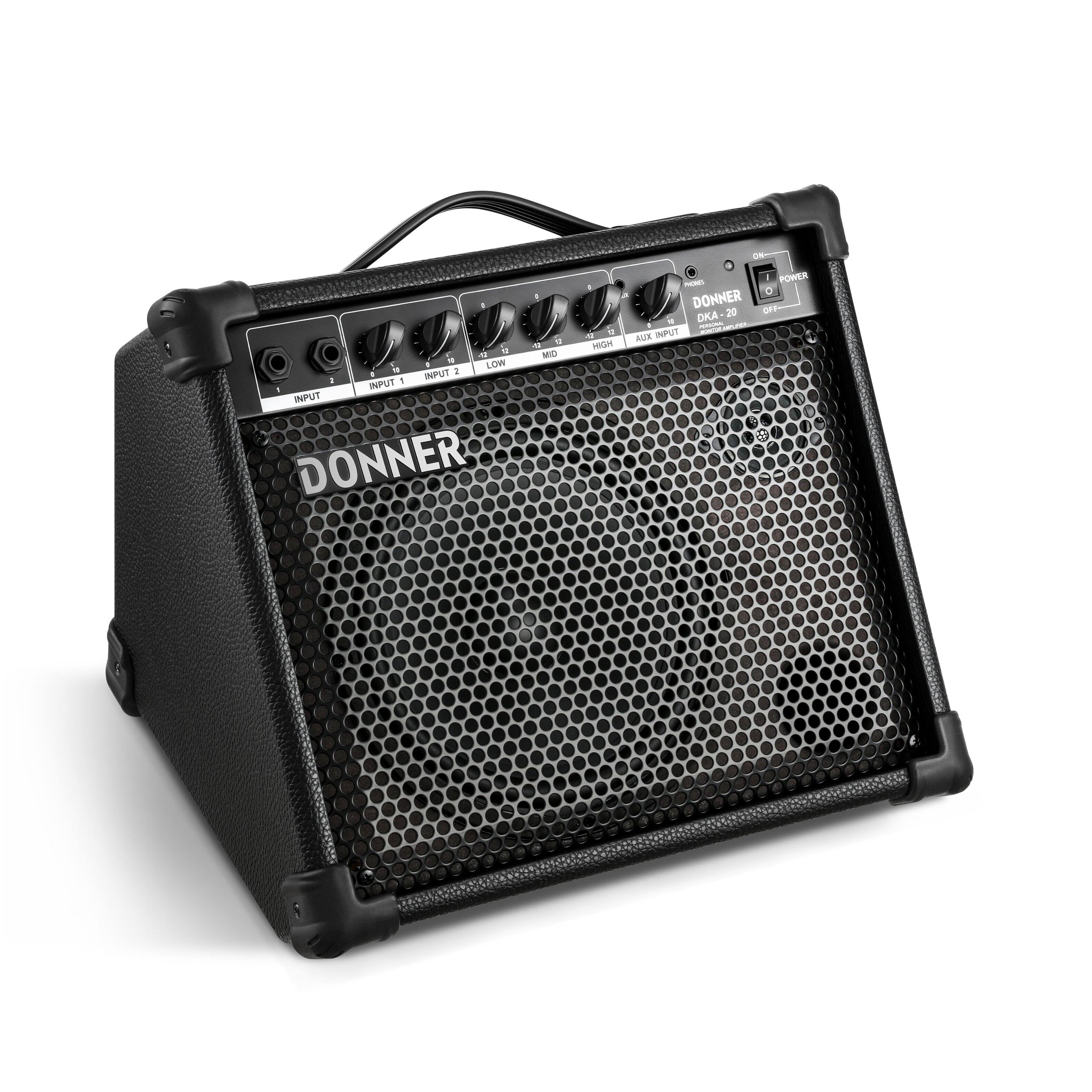 Sure, here is the corrected and grouped text from the image:
- DONNER
- DK-20
- INPUT 1
- INPUT 2
- LOW
- MID
- HIGH
- AUX INPUT
- POWER
- ON
- OFF