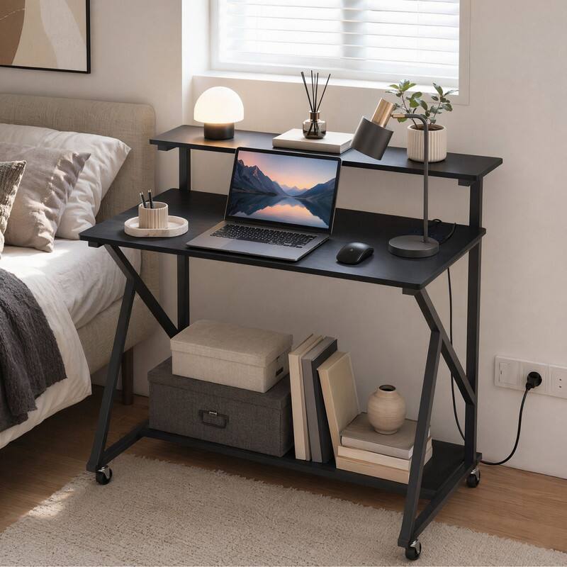 Angle. WELLFOR - 39.5" Mobile Computer Desk with Charging Station and Monitor Shelf, Rolling Home Office Desk for Small Spaces - Black.