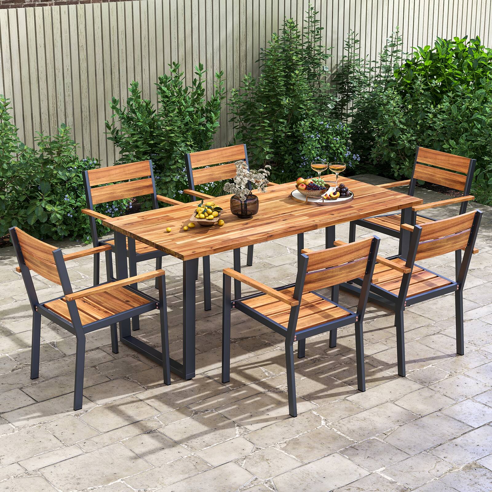 Alt View 1. Gymax - Gymax 7 Piece Patio Dining Set 69'' Rectangle Table w/ 6 Stackable Chairs - Brown, Black.