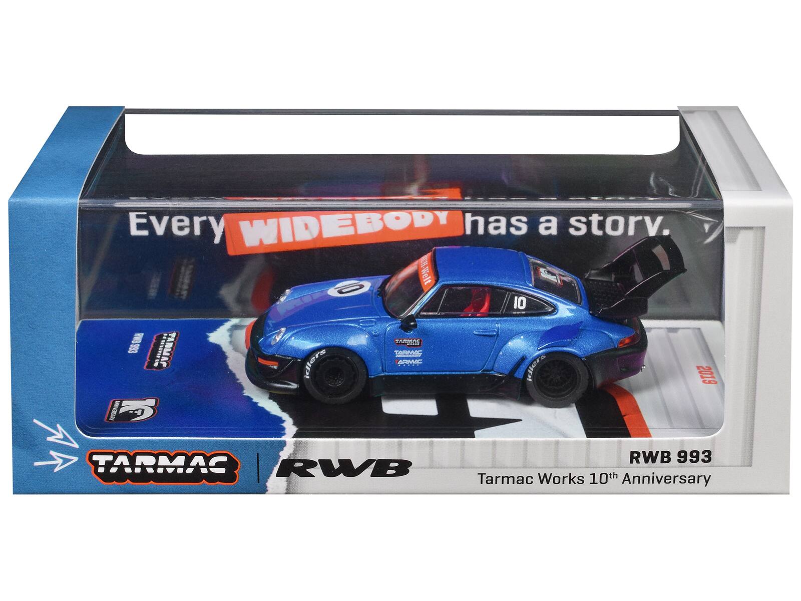 Every WIDEBODY has a story.  
- O I0 ENA 1 TARBCS O0 TARMAP TOMME idiers ASMI idier 2019 -5 B TARMAS RWB RWB 993  
Tarmac Works 10th Anniversary
