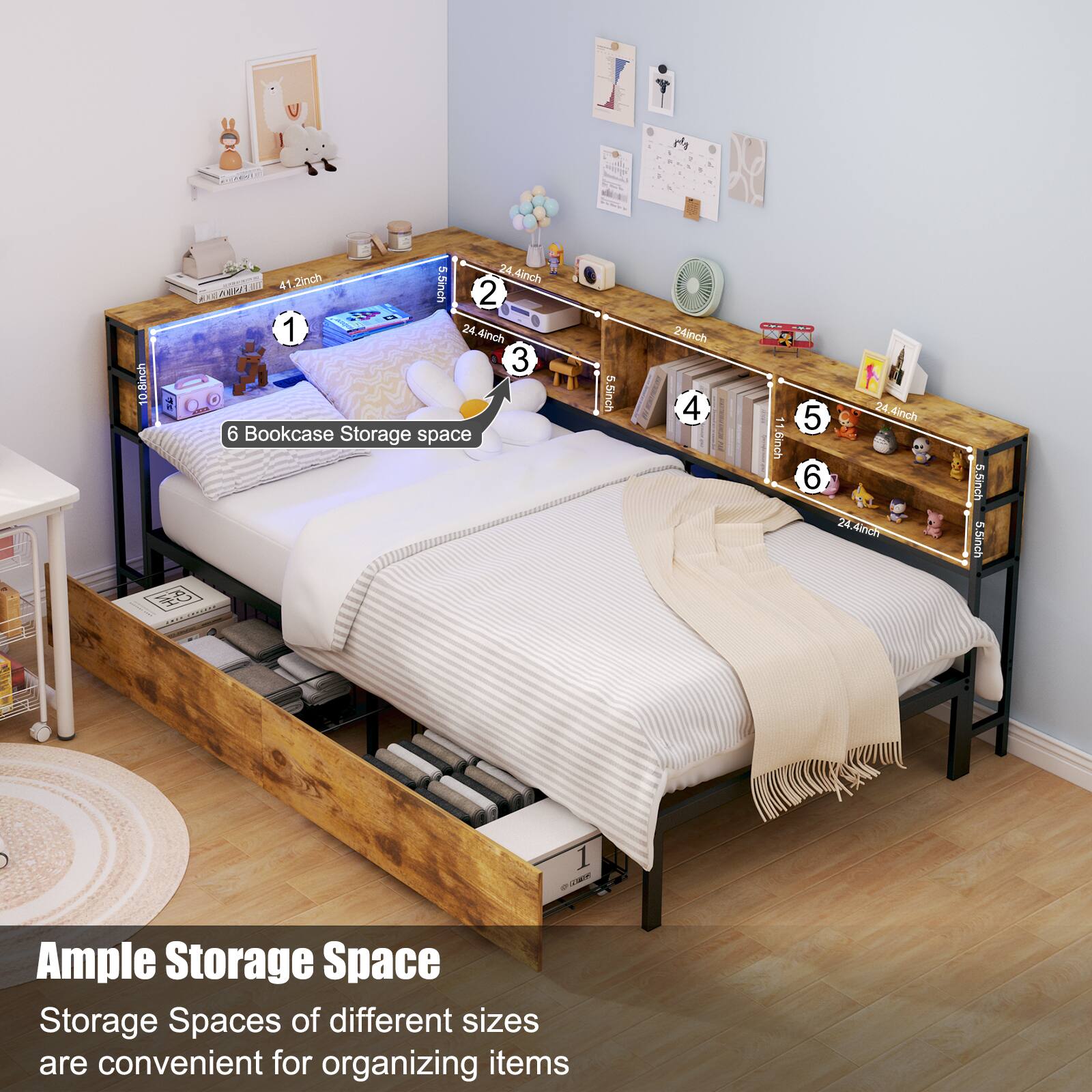 Ample Storage Space

Storage Spaces of different sizes are convenient for organizing items

6 Bookcase Storage space

1. 10.5 inch
2. 24.4 inch
3. 24 inch
4. 24 inch
5. 11.5 inch
6. 24 inch

5.5 inch
5.5 inch
5.5 inch
24.4 inch
24.4 inch