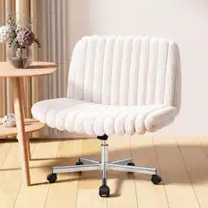 Front. KERDOM - Cross-Legged Wide Seat Vanity Chair, Armless Task Office Chair For Home/Bedroom, Swivel Plush Desk Chair with Wheels - Pink.