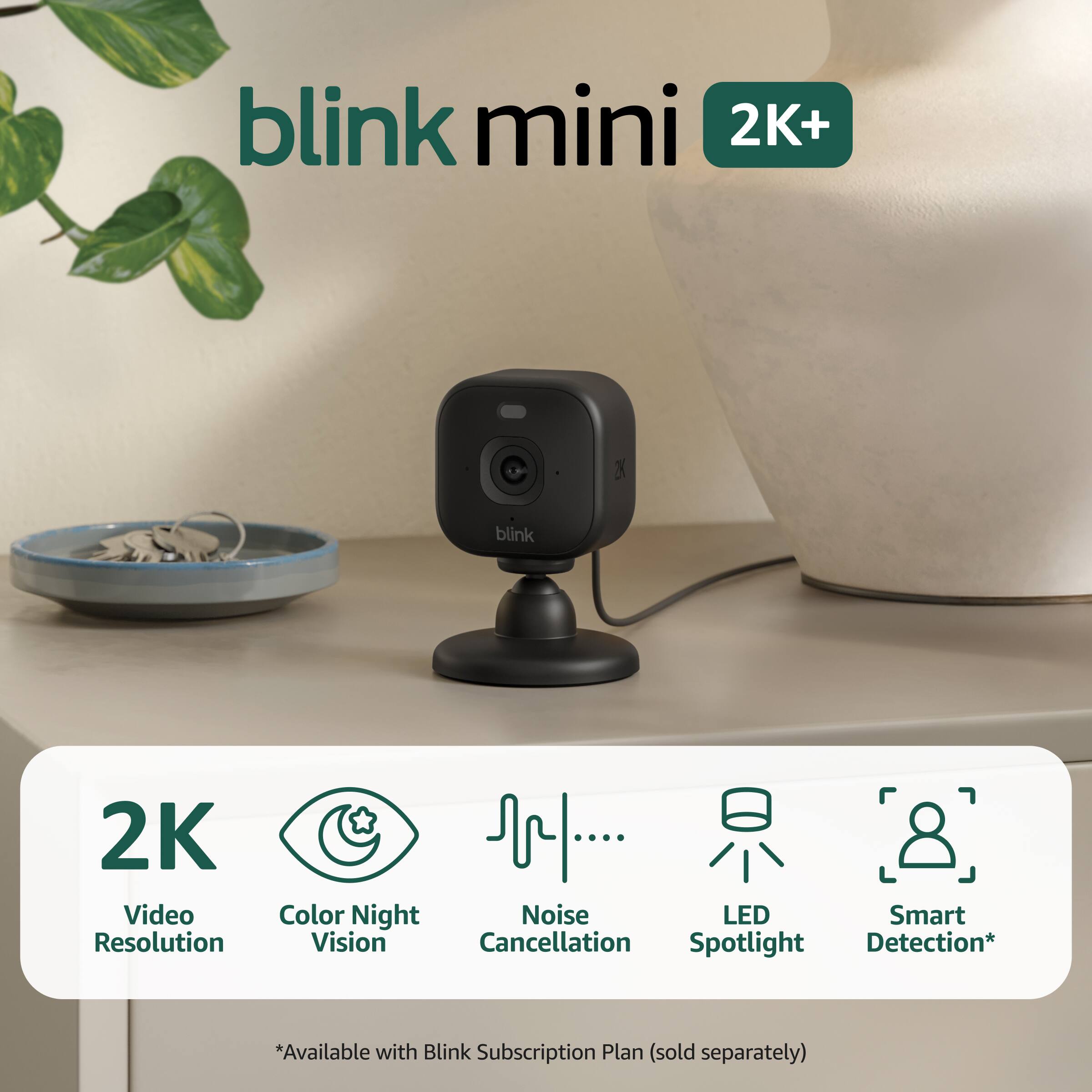blink mini 2K+  
2K Video Resolution  
Color Night Vision  
Noise Cancellation  
LED Spotlight  
Smart Detection*  
*Available with Blink Subscription Plan (sold separately)