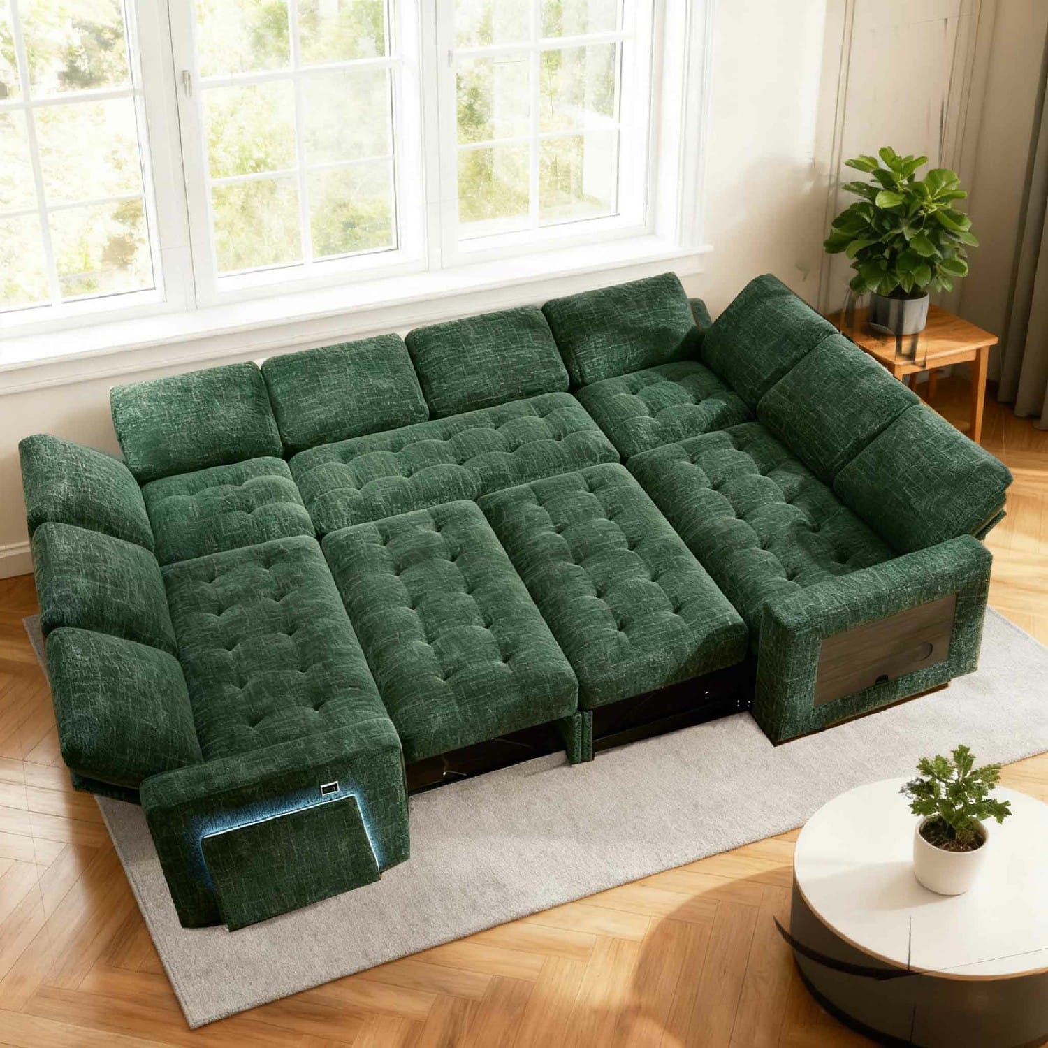 Vipbear - 8 Seat Modular Sectional Sleeper Sofa,Pull-Out Bed, Reclining Backrest, USB Ports, Side Table, Green - Green
