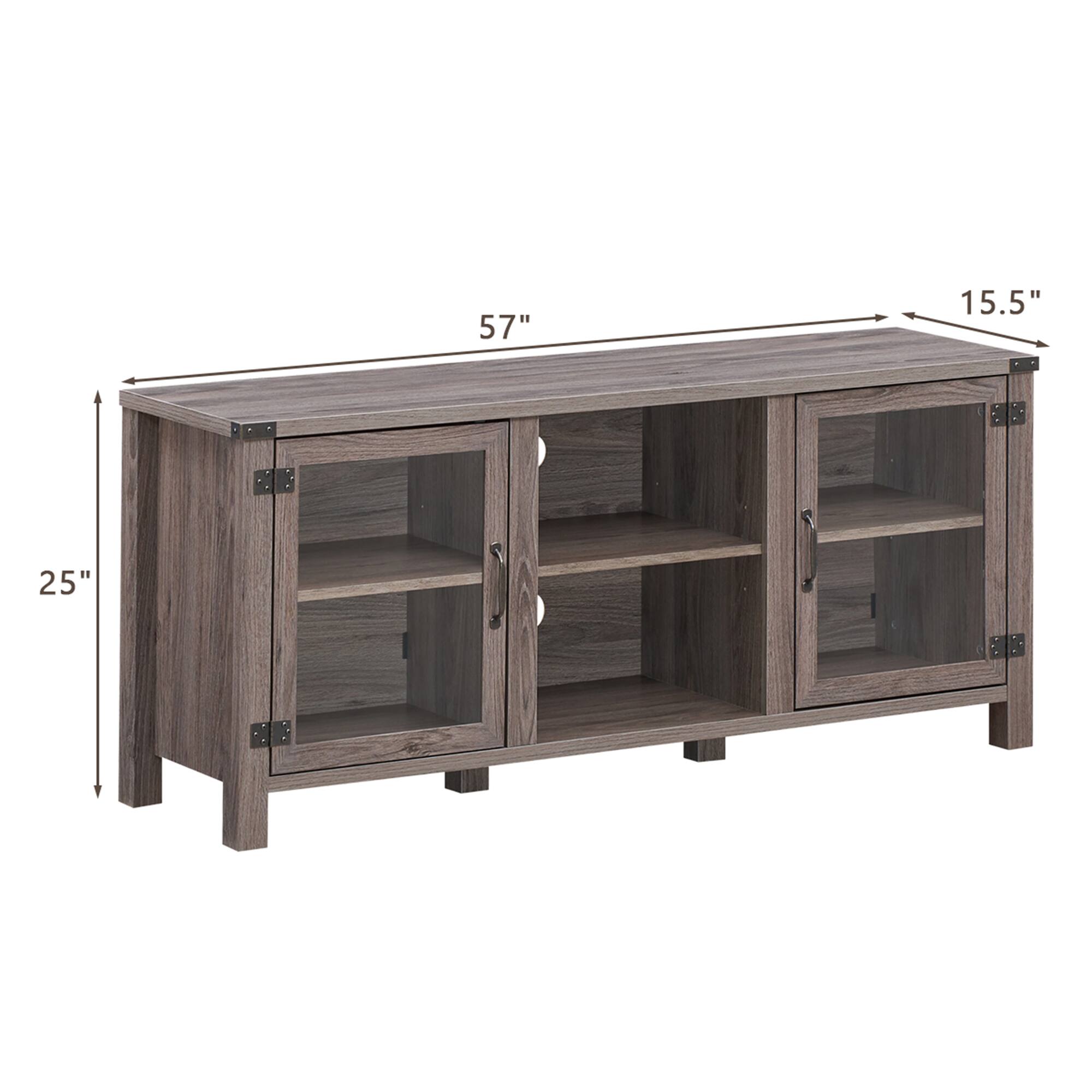 The text on the image reads "57" 15.5" 25". This indicates that the wooden cabinet is 57 inches in length, 15.5 inches in width, and 25 inches in height.