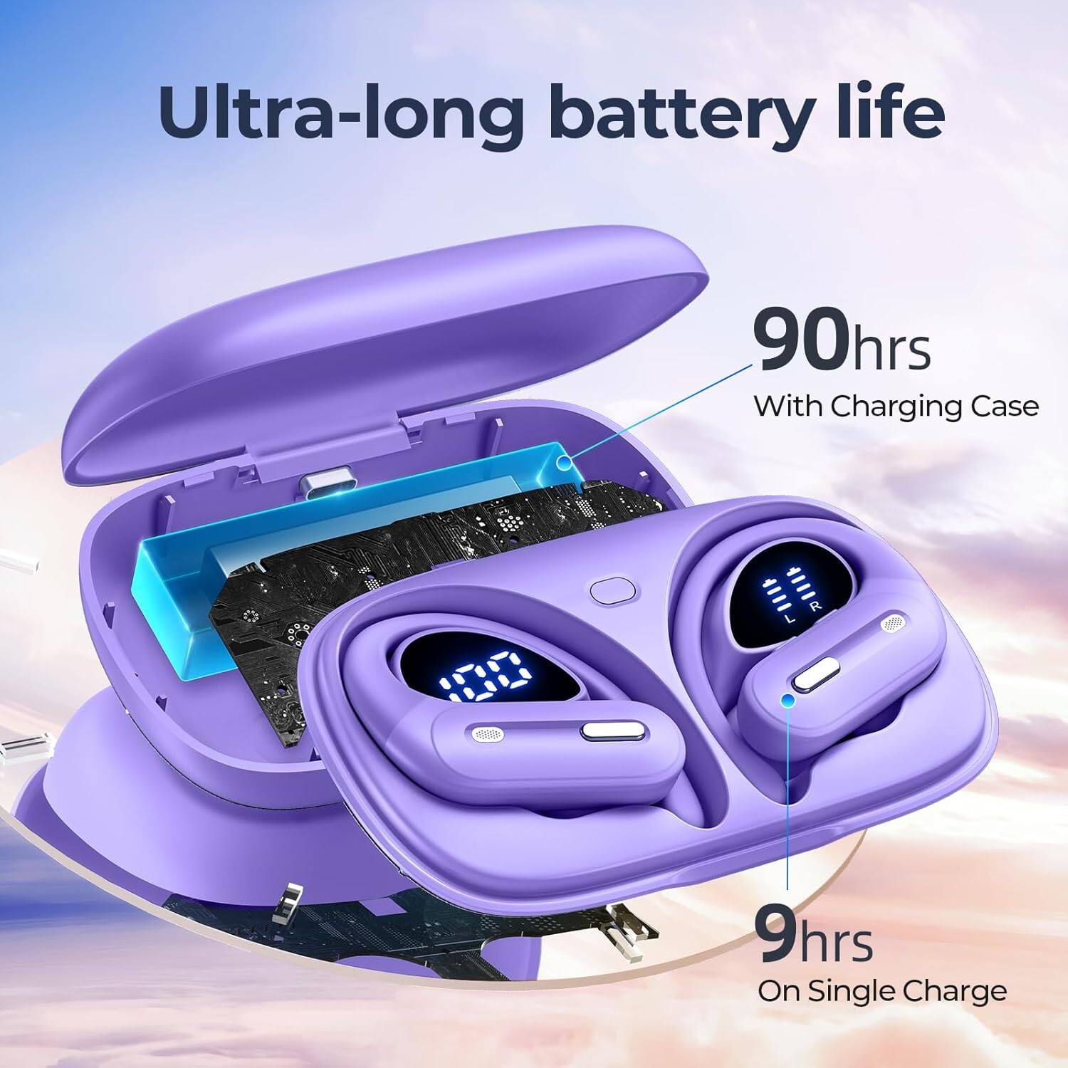 Ultra-long battery life

90hrs  
With Charging Case

9hrs  
On Single Charge