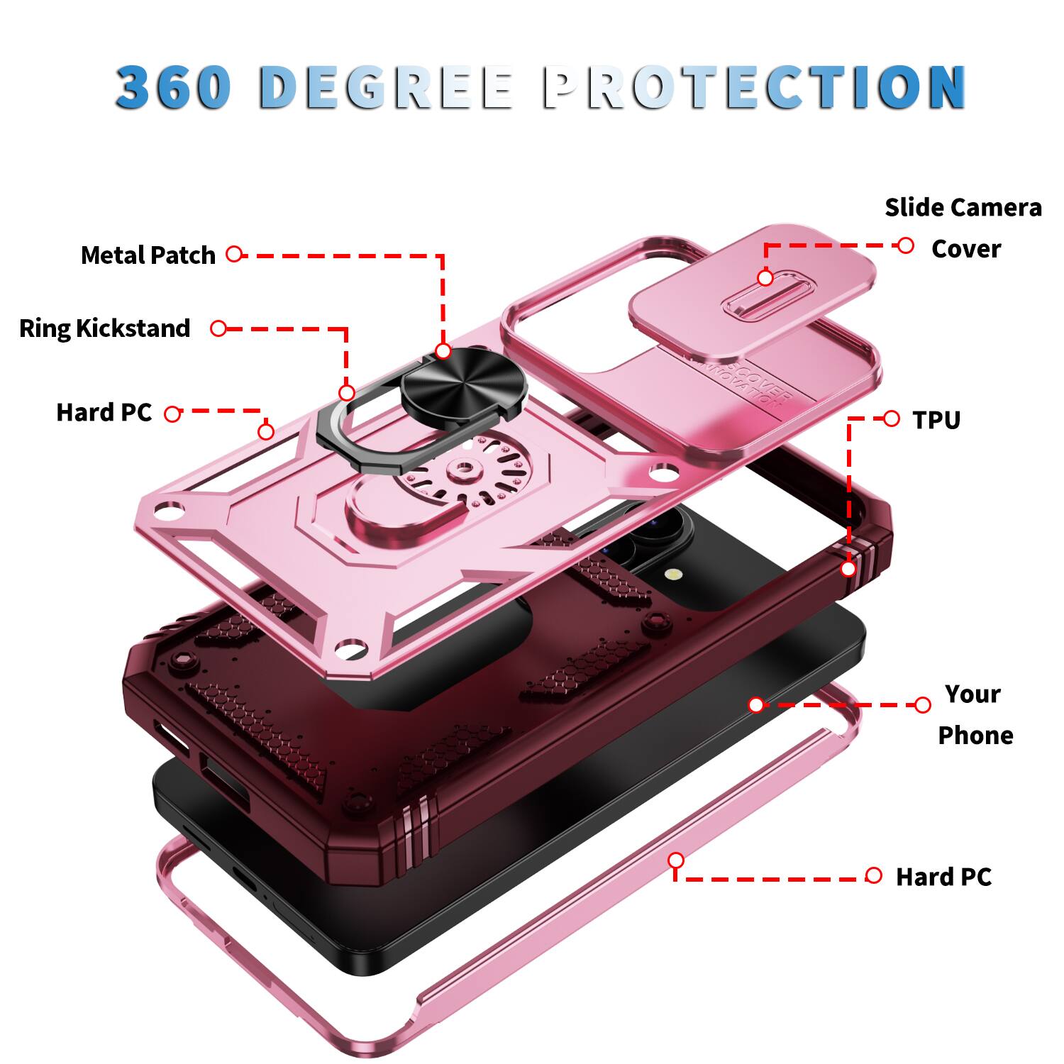 360 Degree Protection Slide Camera Metal Patch Cover Ring Kickstand Hard PC TPU Your Phone