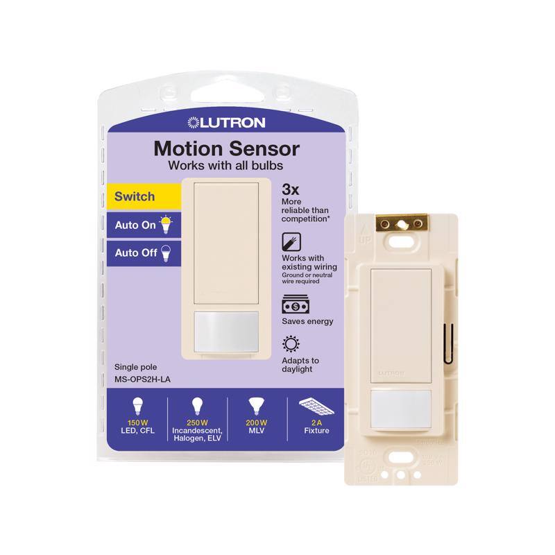 Lutron Motion Sensor  
Works with all bulbs  
Switch  
Auto On  
Auto Off  

3x More reliable than competition*  
Works with existing wiring  
Ground or neutral wire required  
Saves energy  
Adapts to daylight  

Single pole  
MS-OPS2H-LA  

150W LED, CFL  
250W Incandescent, Halogen, ELV  
200W MLV  
2A Fixture  

*Compared to leading competitors