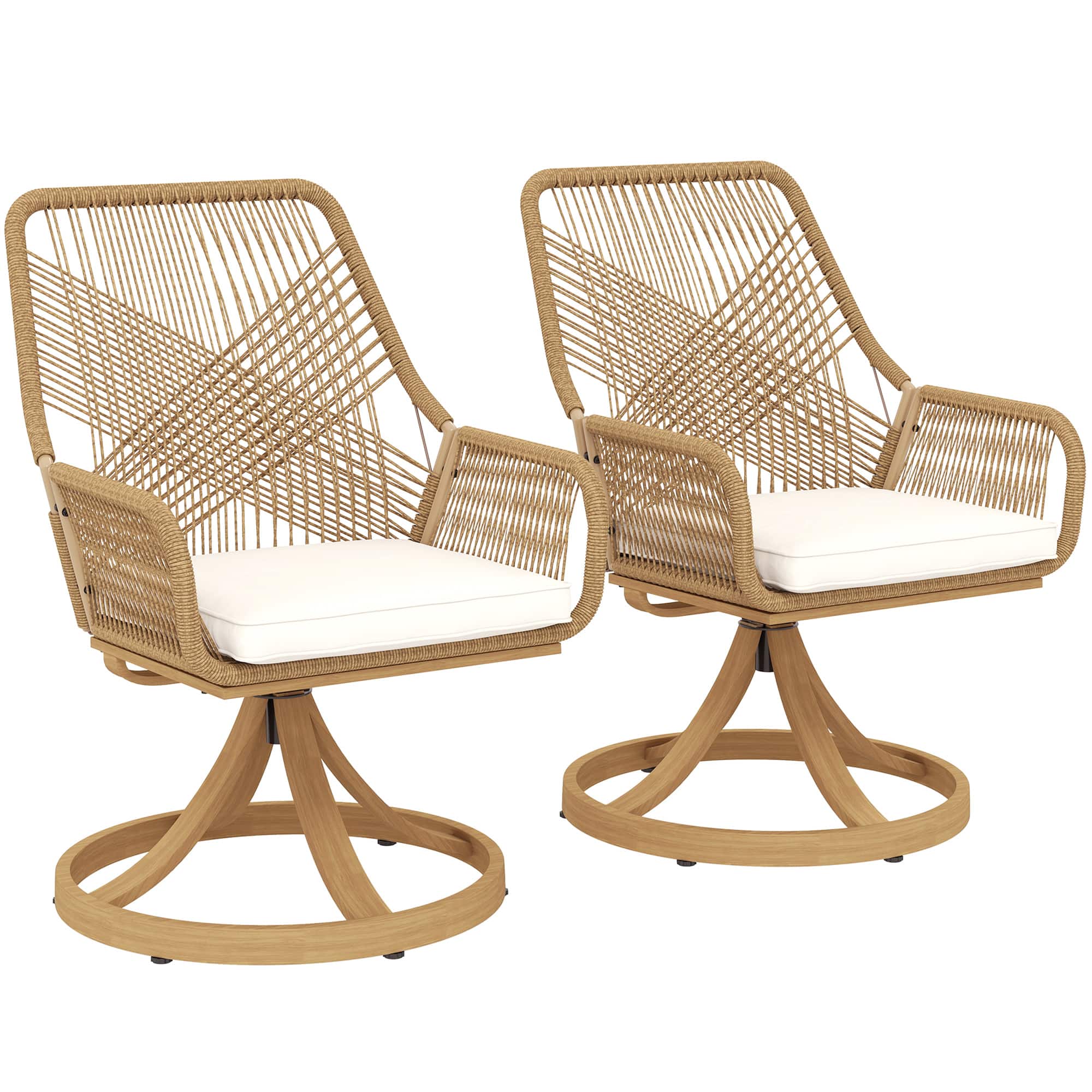 Outsunny - Swivel Patio Chairs Set of 2, Rattan Outdoor Patio Dining Chairs with Soft Cushions and Metal Frame for Backyard, Lawn - Khaki