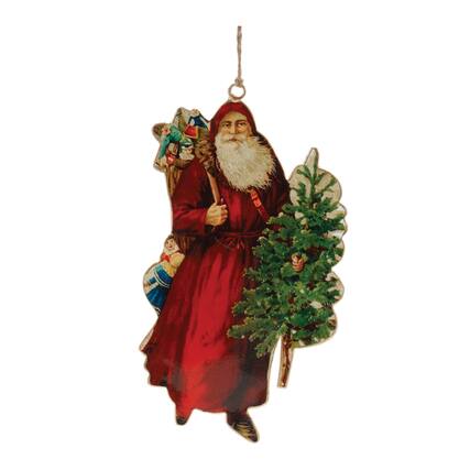 Front. BreeBe - Vintage Metal Santa Ornament (Set of 6) - Red, Green.