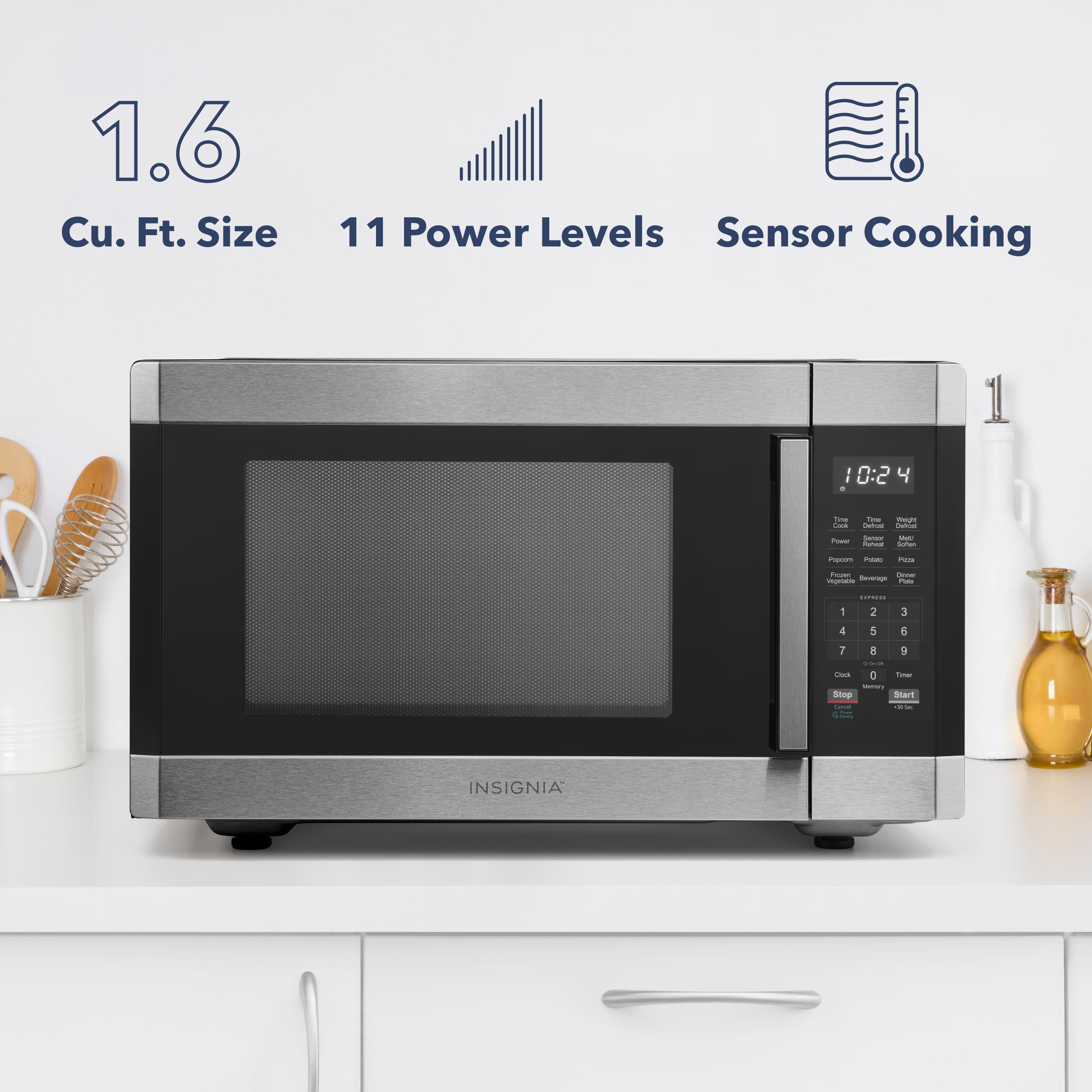 The text on the image reads:
1.6 Cu. Ft. Size
11 Power Levels
Sensor Cooking
0:2 4 - - - - - - - - - - - - - - - - - - - - - - - - - - - - - - - - - - - - - - - - - - - - - - - - - - - - - - - - - - - - - - - - - - - - - - - - - - - - - - - - - - - - - - - - - - - - - - - - - - - - - - - - - - - - - - - - - - - - - - - - - - - - - - - - - - - - - - - - - - - - - - - - - - - - - - - - - - - - - - - - - - - - - - - - - - - - - - - - - - - - - - - - - - - - - - - - - - - - - - - - - - - - - - - - - - - - - - - - - - - - - - - - - - - - - - - - - - - - - - -