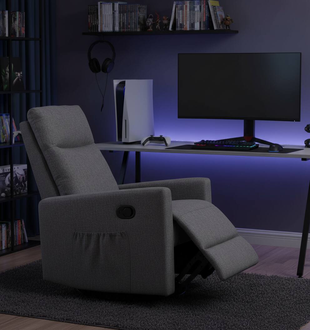 Left. AOITUN - Gray Fabric 360 Swivel Rocker Recliner Chair, Plush Upholstered Glider with Side Pocket for Nursery & Living Room - Gray.