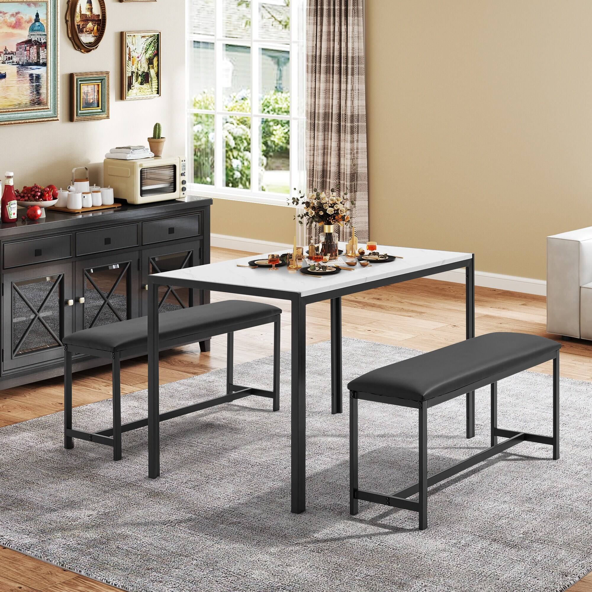 Alt View 8. U-HOMY - 3-Piece Dining Table Set for 4-6, Faux Marble Top with PU Leather Benches and Storage Shelf - Black&White.