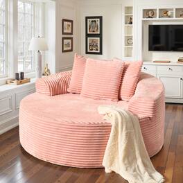 Ovios - 58" Oversized Round Chair Chaise Lounge, Plush Corduroy Fluffy Modern Sleeper Sofa Bed - Pink