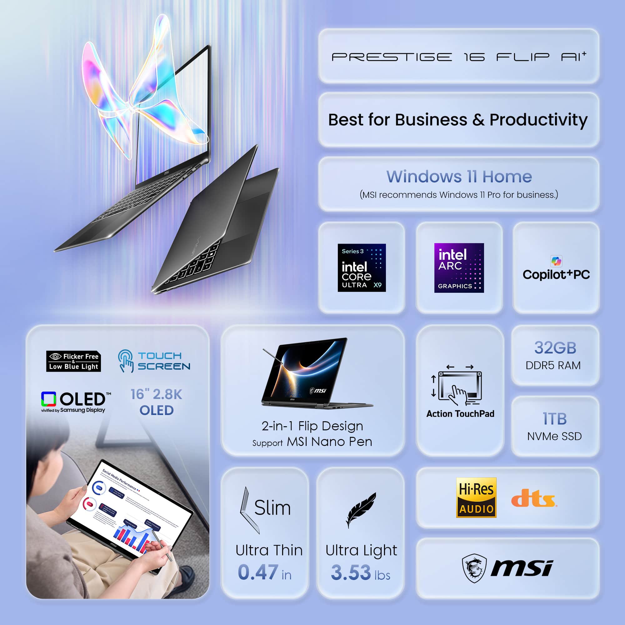 MSI Prestige 16 Flip AI+ 16” 2.8K OLED Touch Laptop Intel Ultra X9