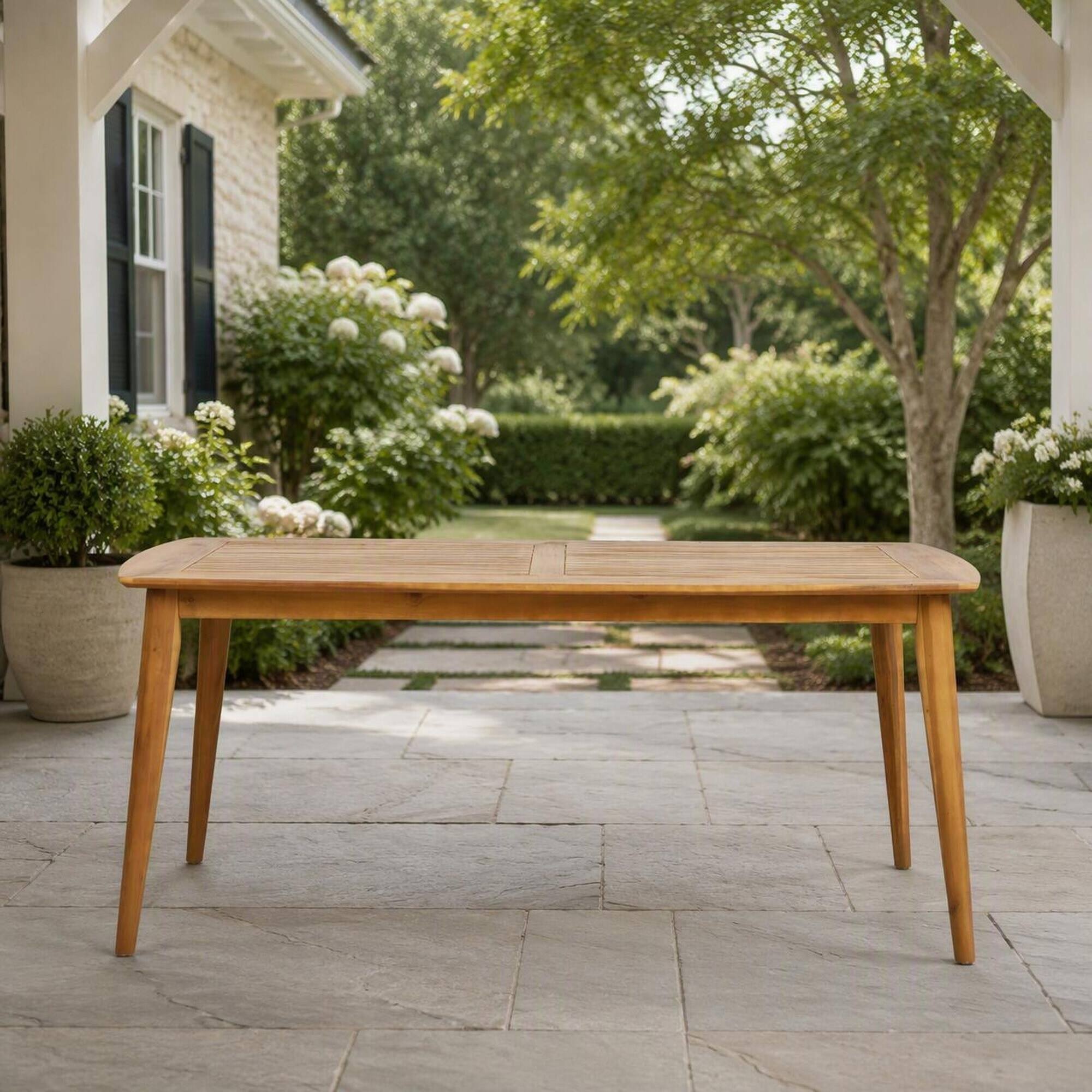 Angle. RYHNUYNE - Outdoor Acacia Wood Rectangular Coffee Table,Slatted Patio Side Table for Porch Garden,Brown Finish - Teak.