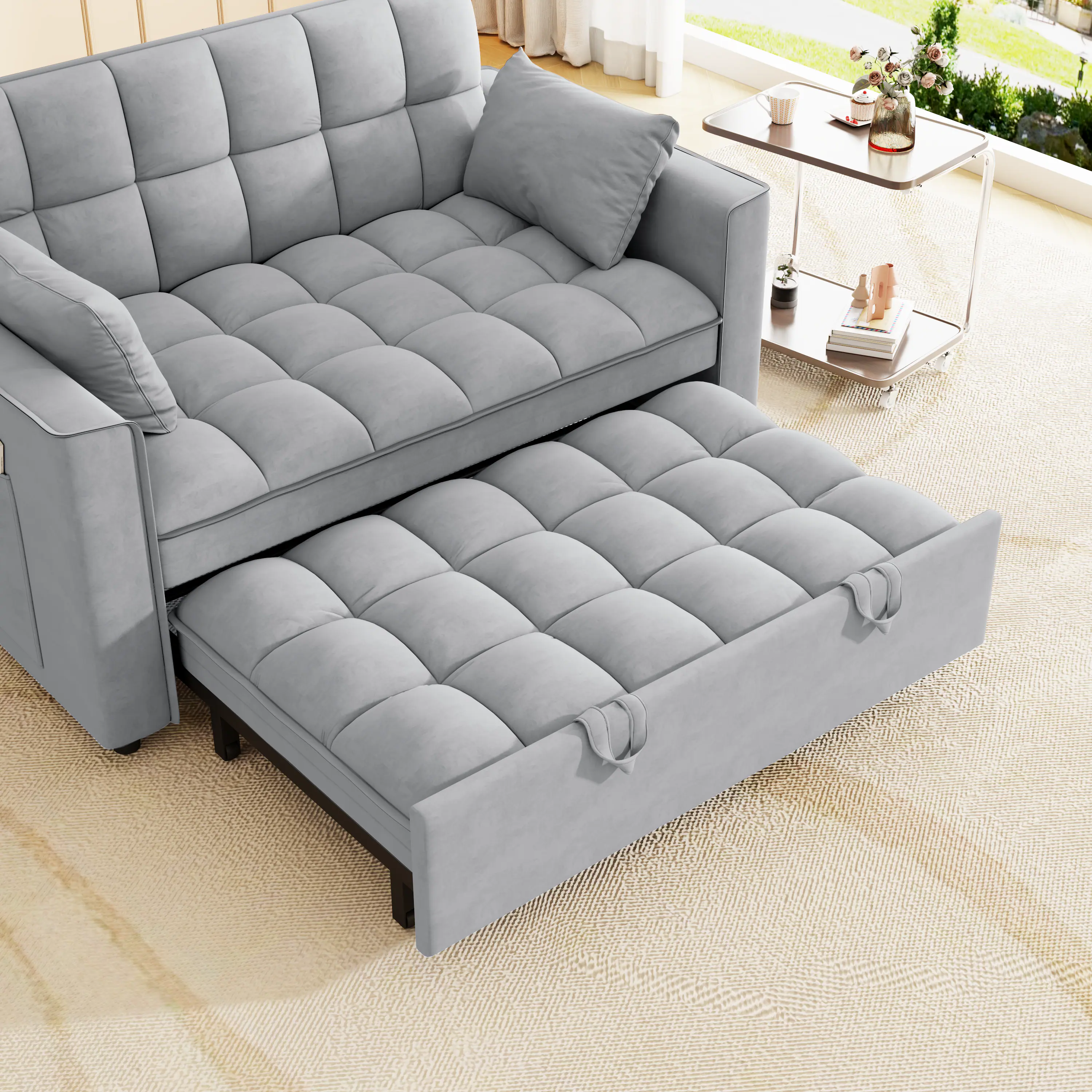 Alt View 2. Anysun - Modern Velvet Convertible Sleeper Sofa Bed with Pull-Out Bed, Pillows & Side Pockets for Small Spaces - Light Gray.