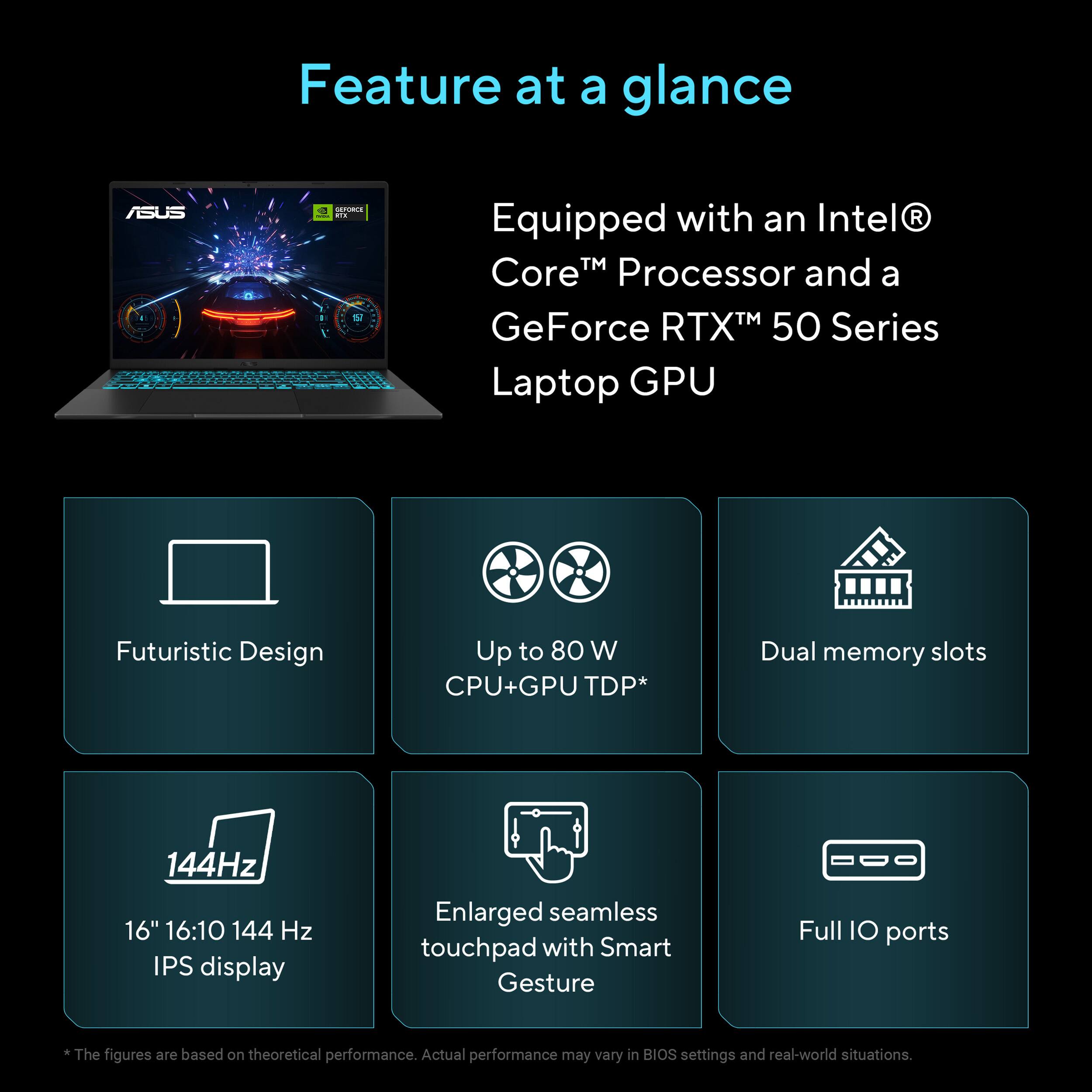 Feature at a glance

ASUS

Equipped with an Intel® Core™ Processor and a GeForce RTX™ 50 Series Laptop GPU

Futuristic Design

Up to 80 W CPU+GPU TDP*

Dual memory slots

144Hz 16" 16:10 144 Hz IPS display

Enlarged seamless touchpad with Smart Gesture

Full IO ports

*The figures are based on theoretical performance. Actual performance may vary in BIOS settings and real-world situations.