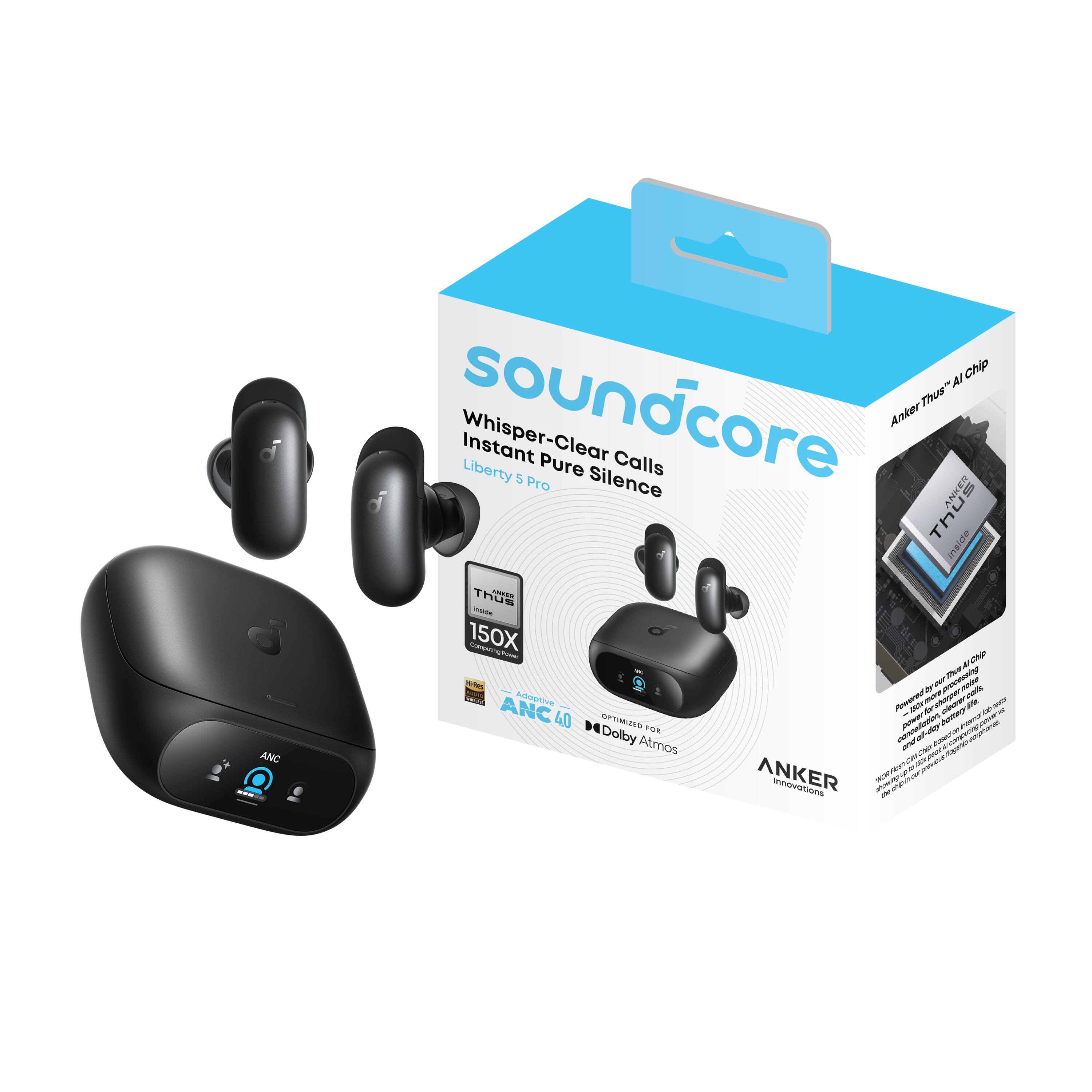 ANC AI Chip soundcore Thus" Anker Whisper-Clear Instant Liberty 5 Pure Calls Pro Silence ANKER inside Thus - nade 150X ComputingTraway chip AI This ANC Adoptive Powered 40 OPTIMIZED FOR MDolby Atmos ANKER Innovations