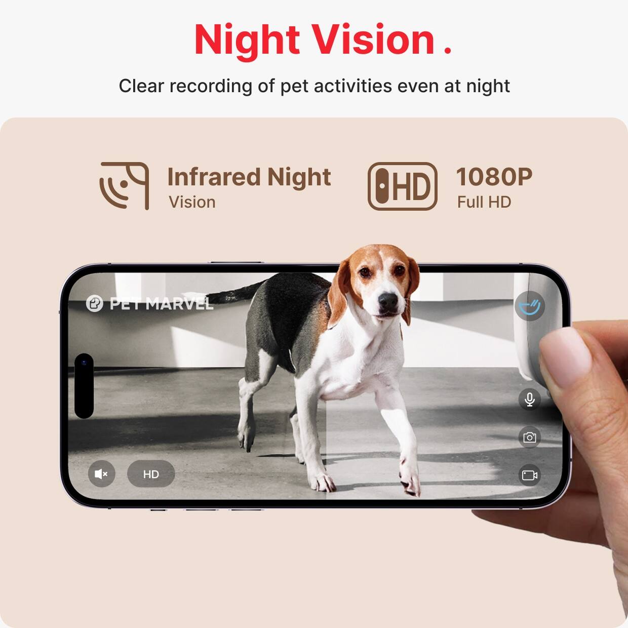 Night Vision.  
Clear recording of pet activities even at night  

Infrared Night Vision  

1080P Full HD  

PET MARVEL