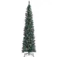 Costway - 7ft Unlit Snowy PVC Artificial Slim Christmas Pencil Tree w/ Pine Cones - Green - Front_Zoom