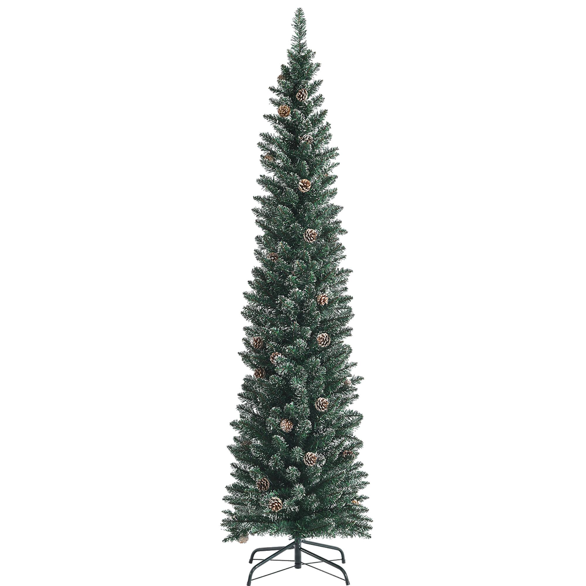 Costway - 7ft Unlit Snowy PVC Artificial Slim Christmas Pencil Tree w/ Pine Cones - Green