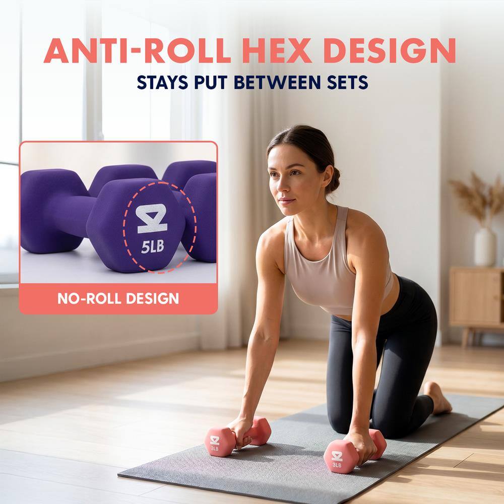 ANTI-ROLL HEX DESIGN STAYS PUT BETWEEN SETS

5LB

NO-ROLL DESIGN

3LB