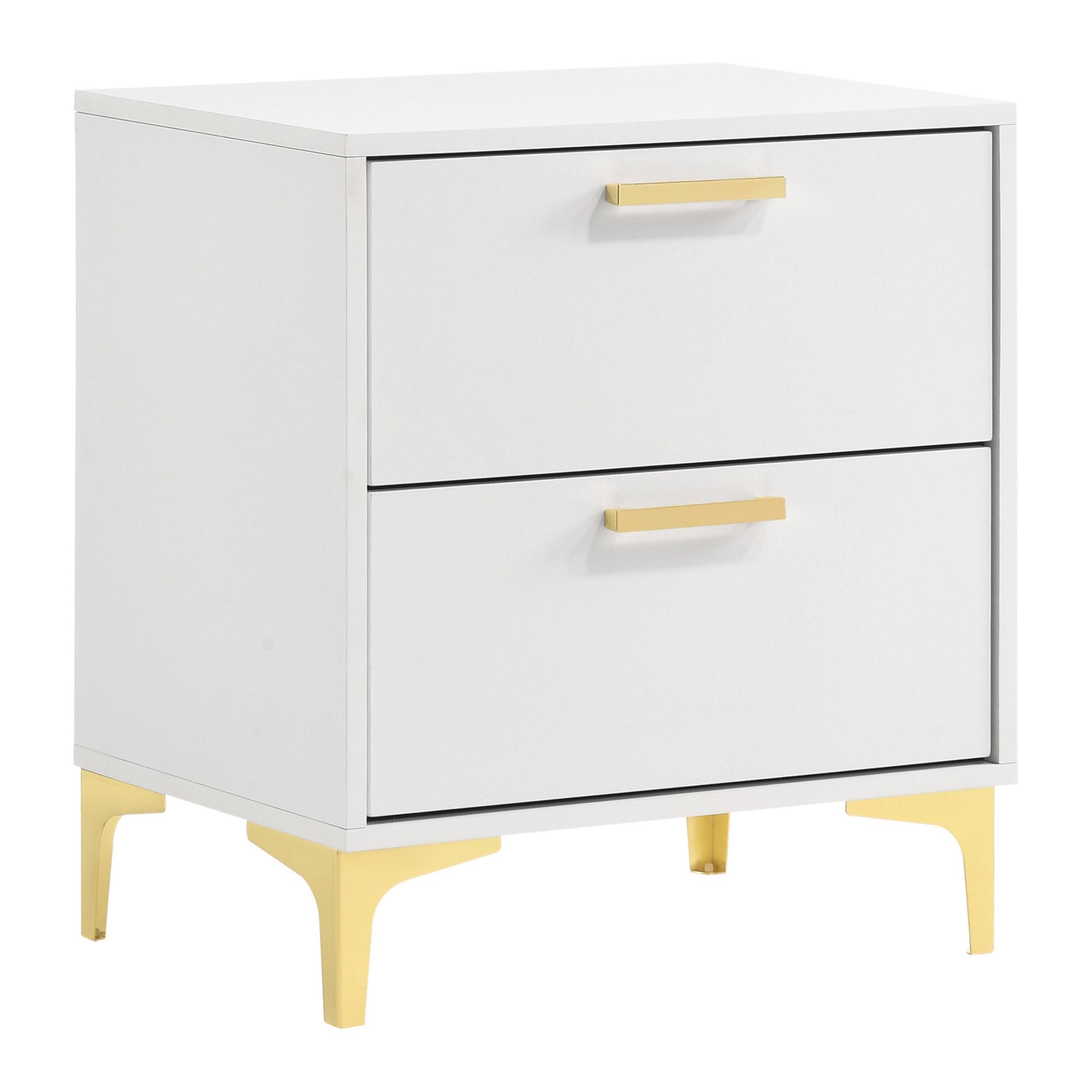 Front. Manhattan Lane - Lif 25 Inch Modern 2 Drawer Nightstand,  Metal Accents - White, Gold.