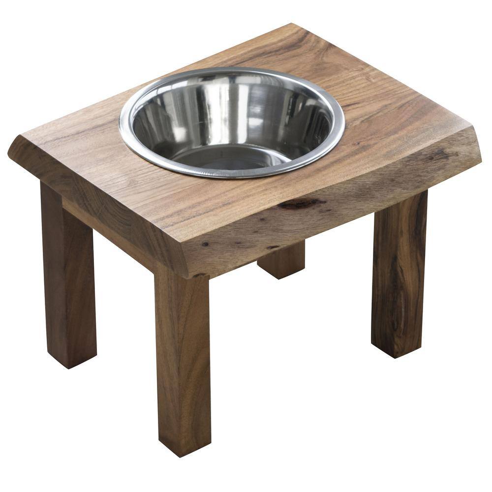 Angle. AmeriHome - Acacia Wood Live Edge Single Bowl Pet Feeder Stand - Brown.