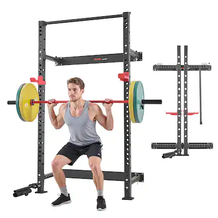 Front. VEVOR - Folding Power Cage, Wall-Mounted Power Rack Squat Rack, Multifunctional Strength Training Workout Equipment - Black.