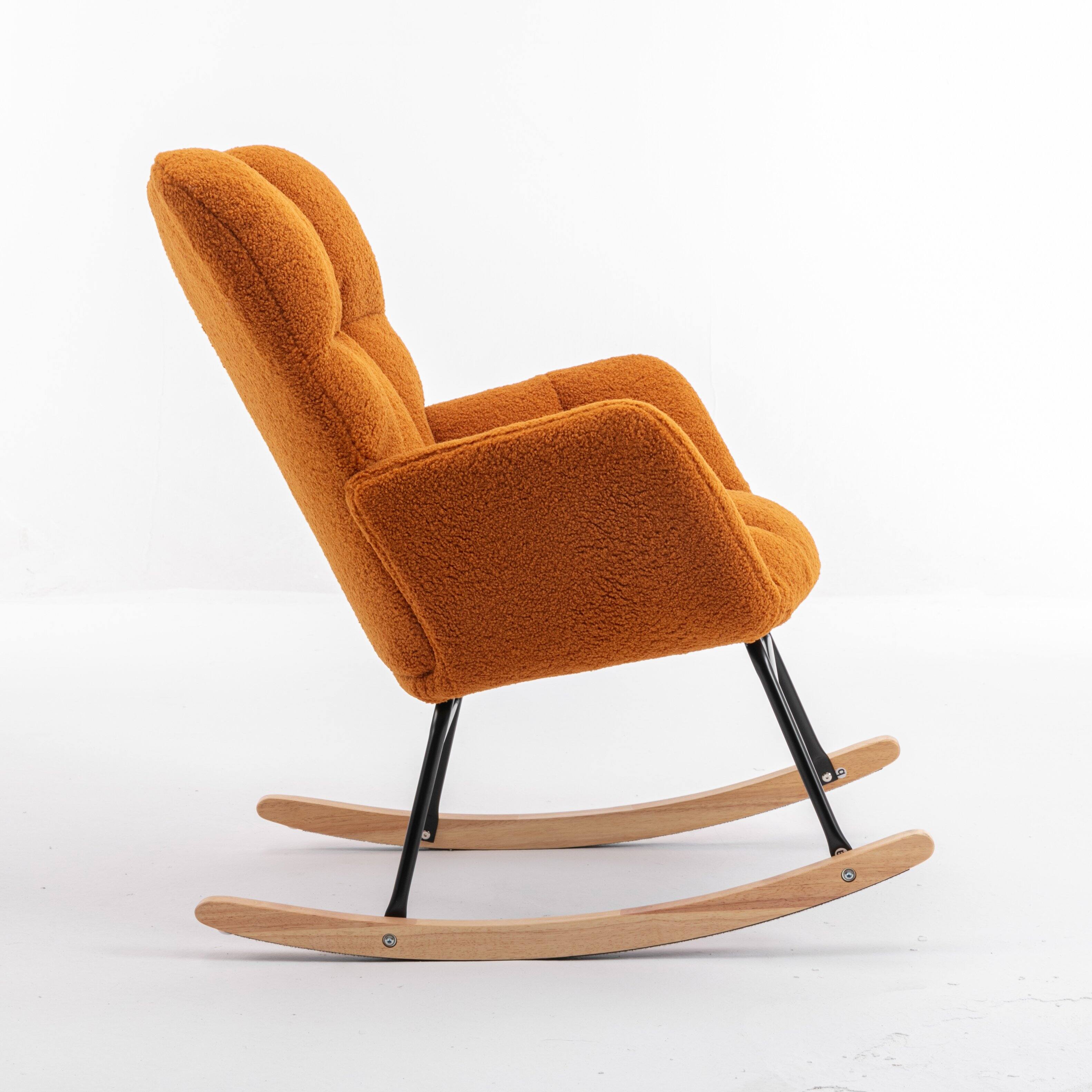Back. Whisen - Modern Teddy Fabric Rocking Chair with Sturdy Metal and Wood Base - Caramel.