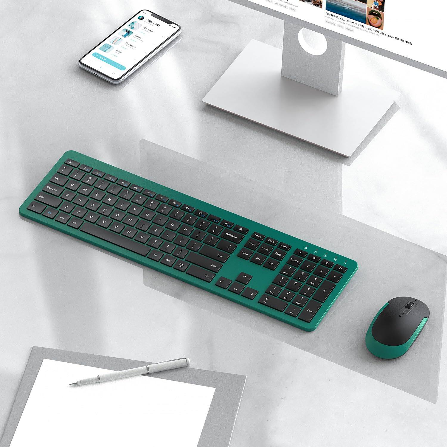 Alt View 4. Cedar Assembly - Wireless And Mouse Combo - Full Size Slim Thin With Numeric Keypad Stable Connection Adjustable Dpi dark Green - Silver and White.