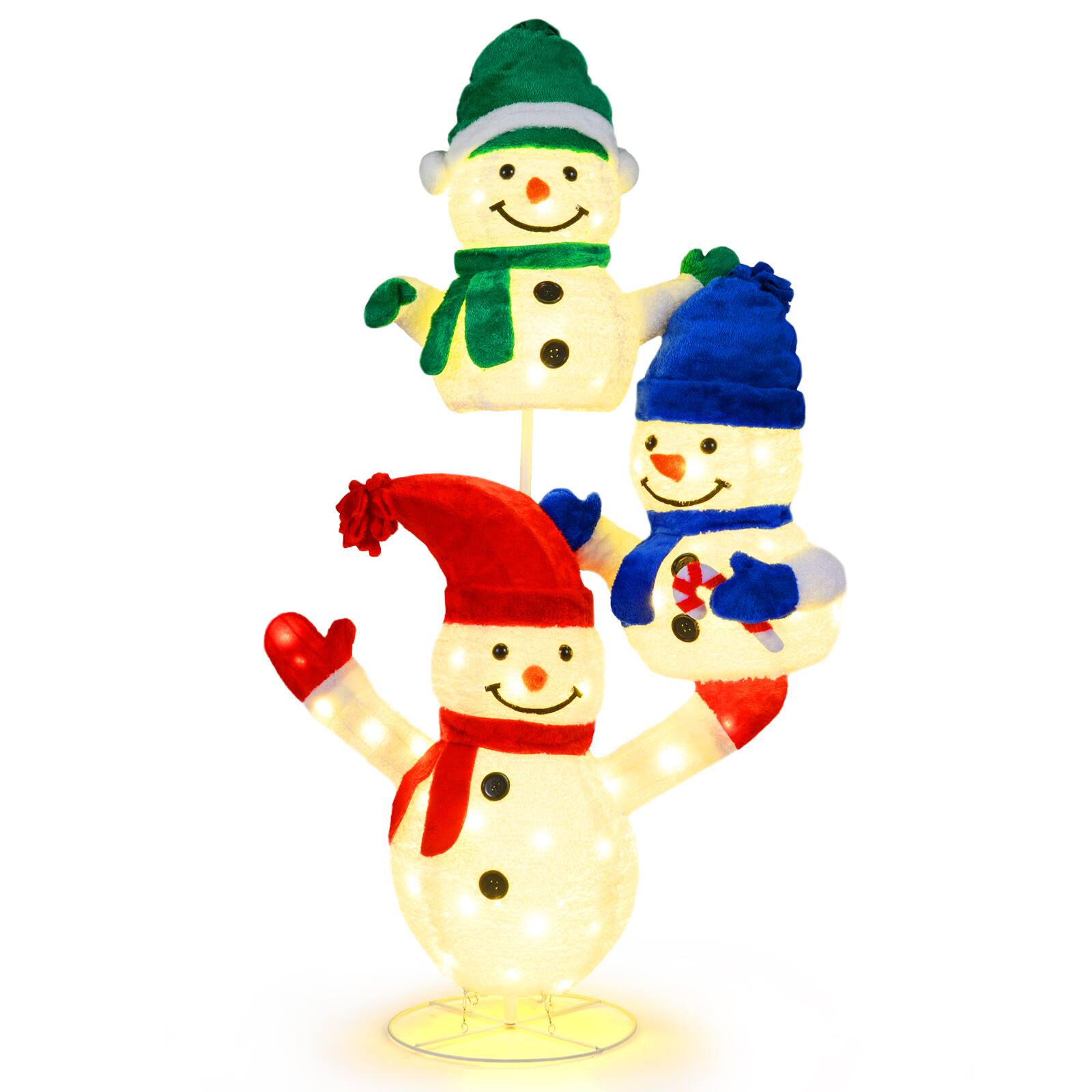 Gymax - 5 FT Stacked Snowman Lighted Christmas Decoration w/110 LED Lights Ground Stakes - White
